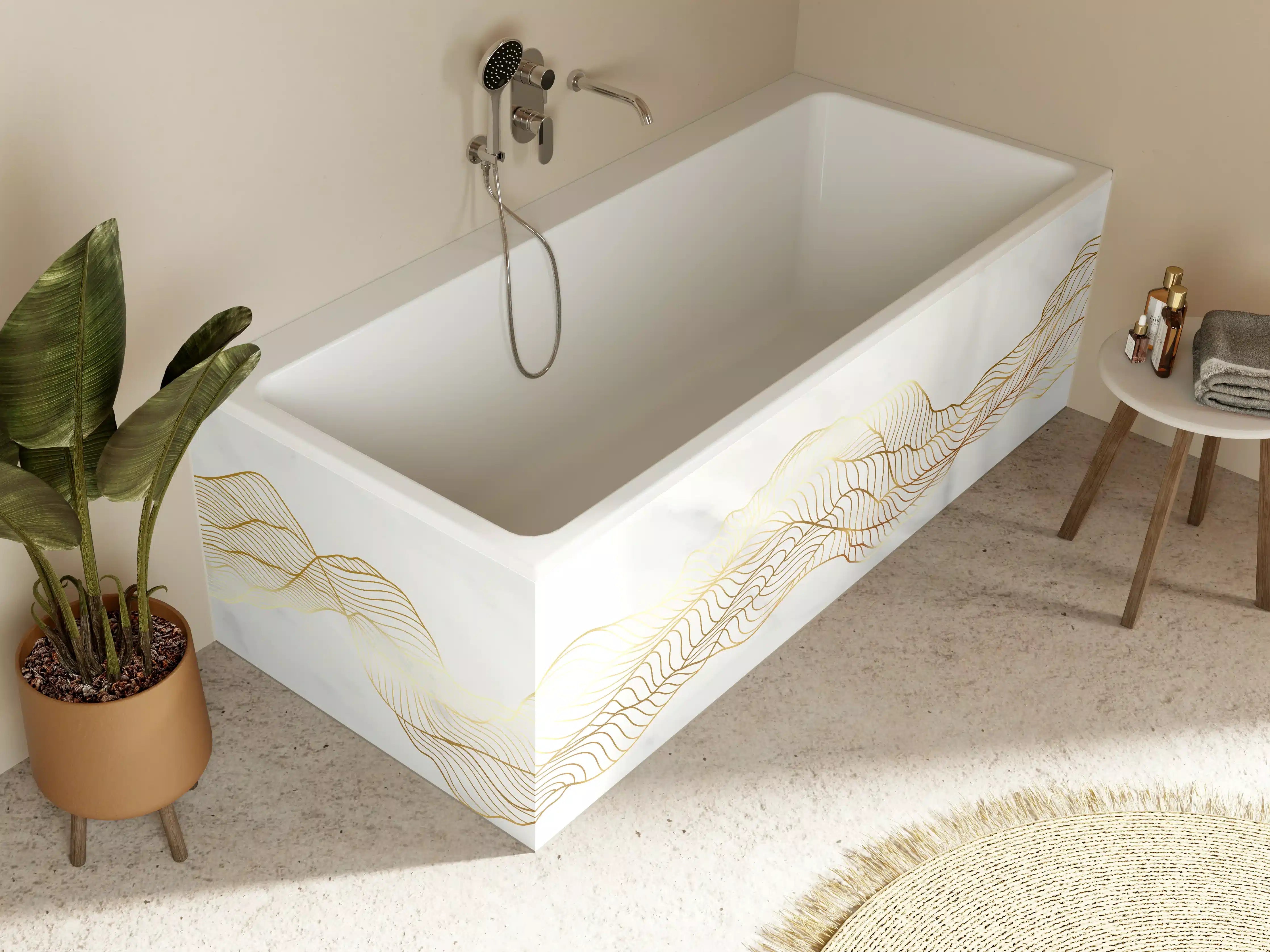Badewannen-Rückwand - Goldene Wellenlinien auf Marmor