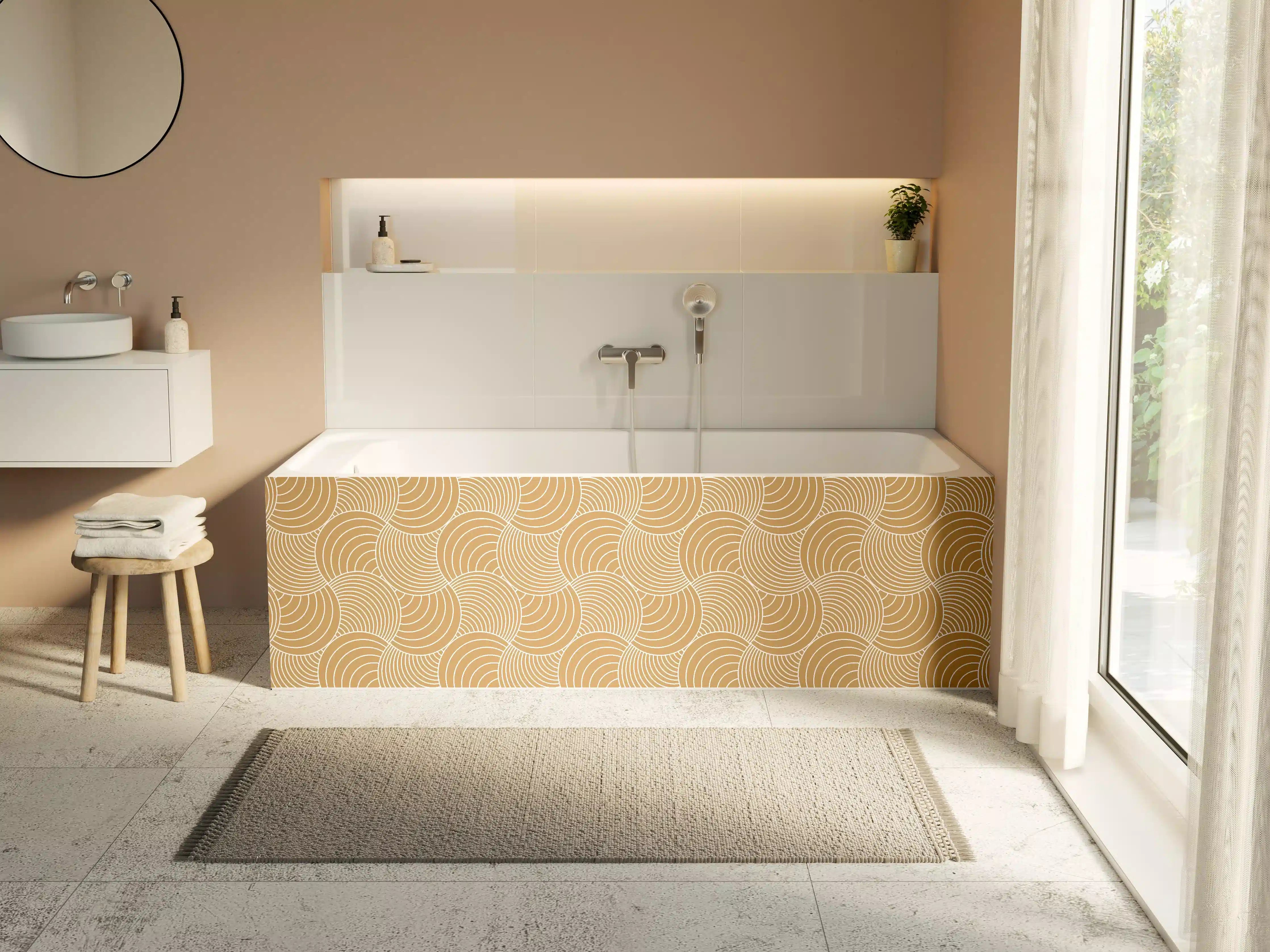 Badewannen-Rückwand - Goldene Wellenmuster mit geometrischer Eleganz
