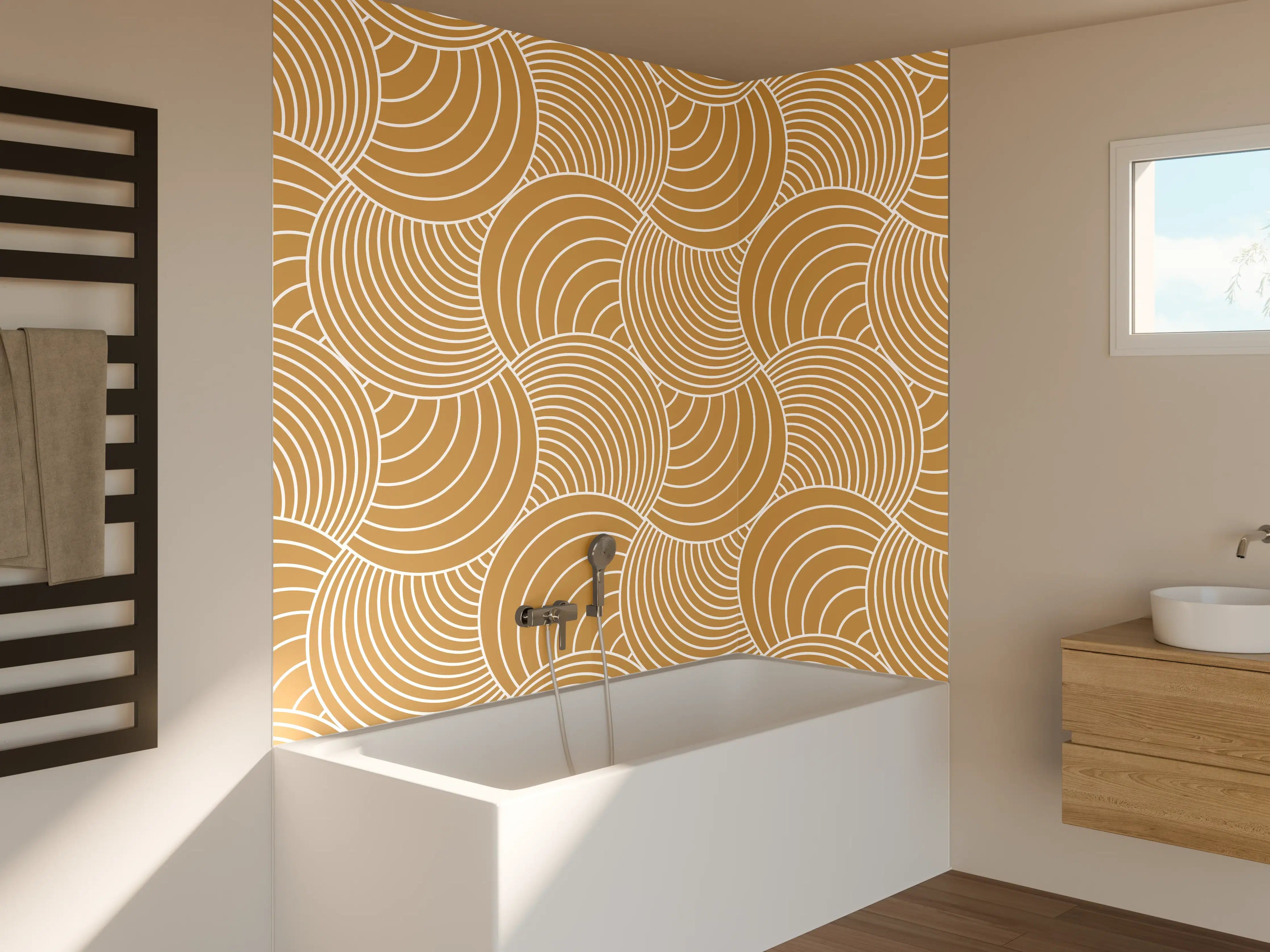 Badewannen-Rückwand - Goldene Wellenmuster mit geometrischer Eleganz