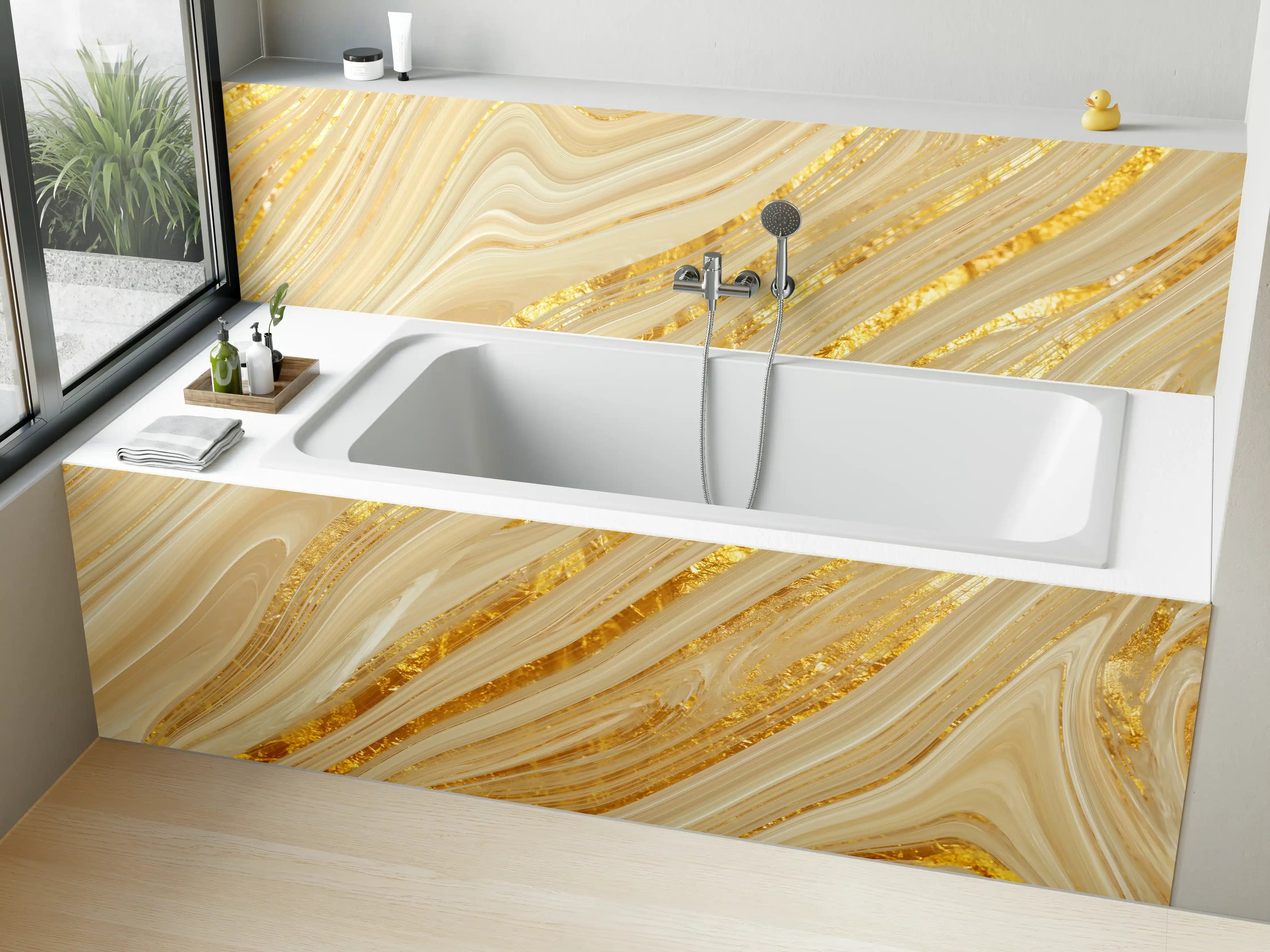 Badewannen-Rückwand - Goldene wellenförmige Marmorierung