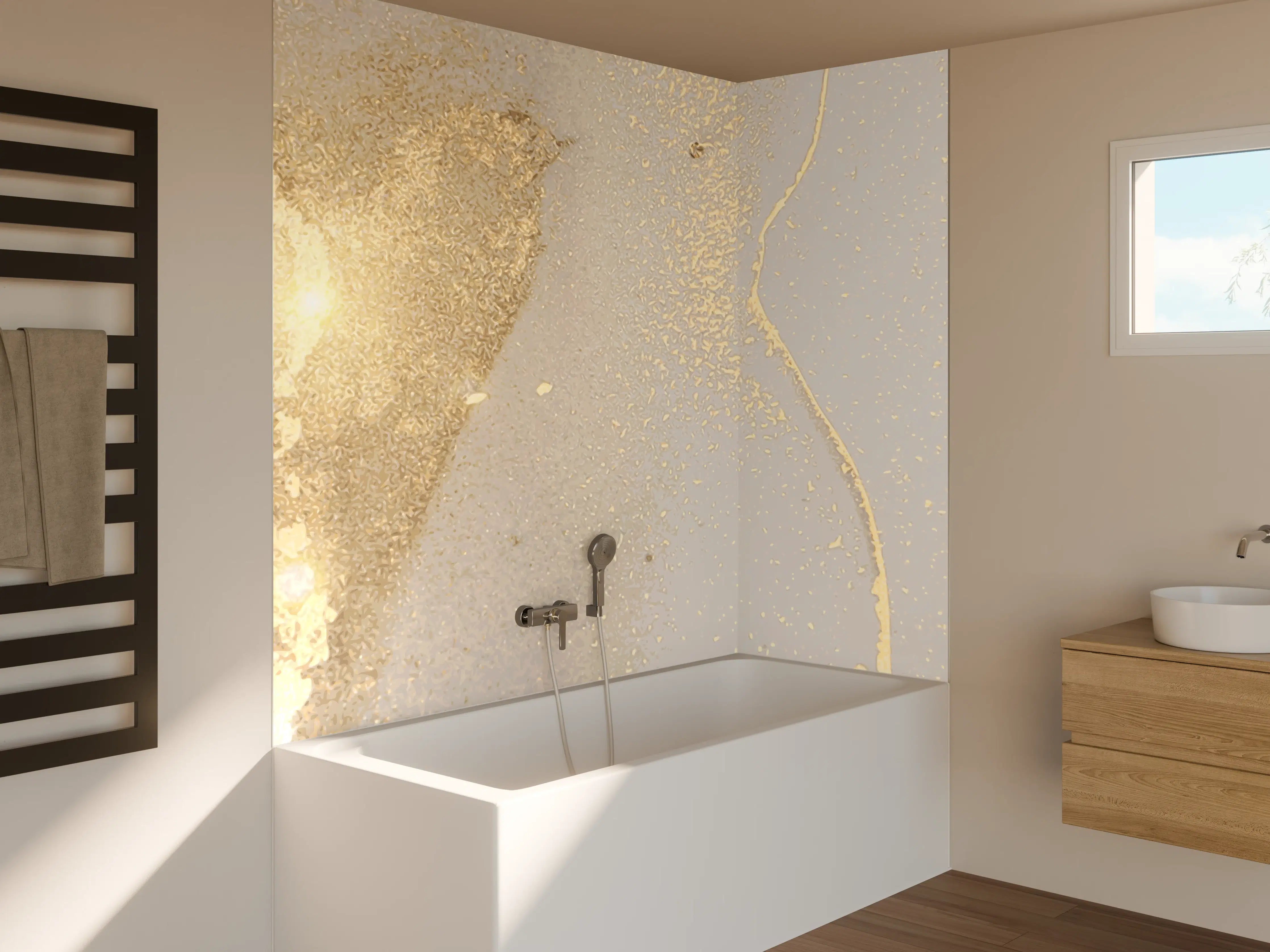 Badewannen-Rückwand - Goldener Glanz auf Cremeweiß
