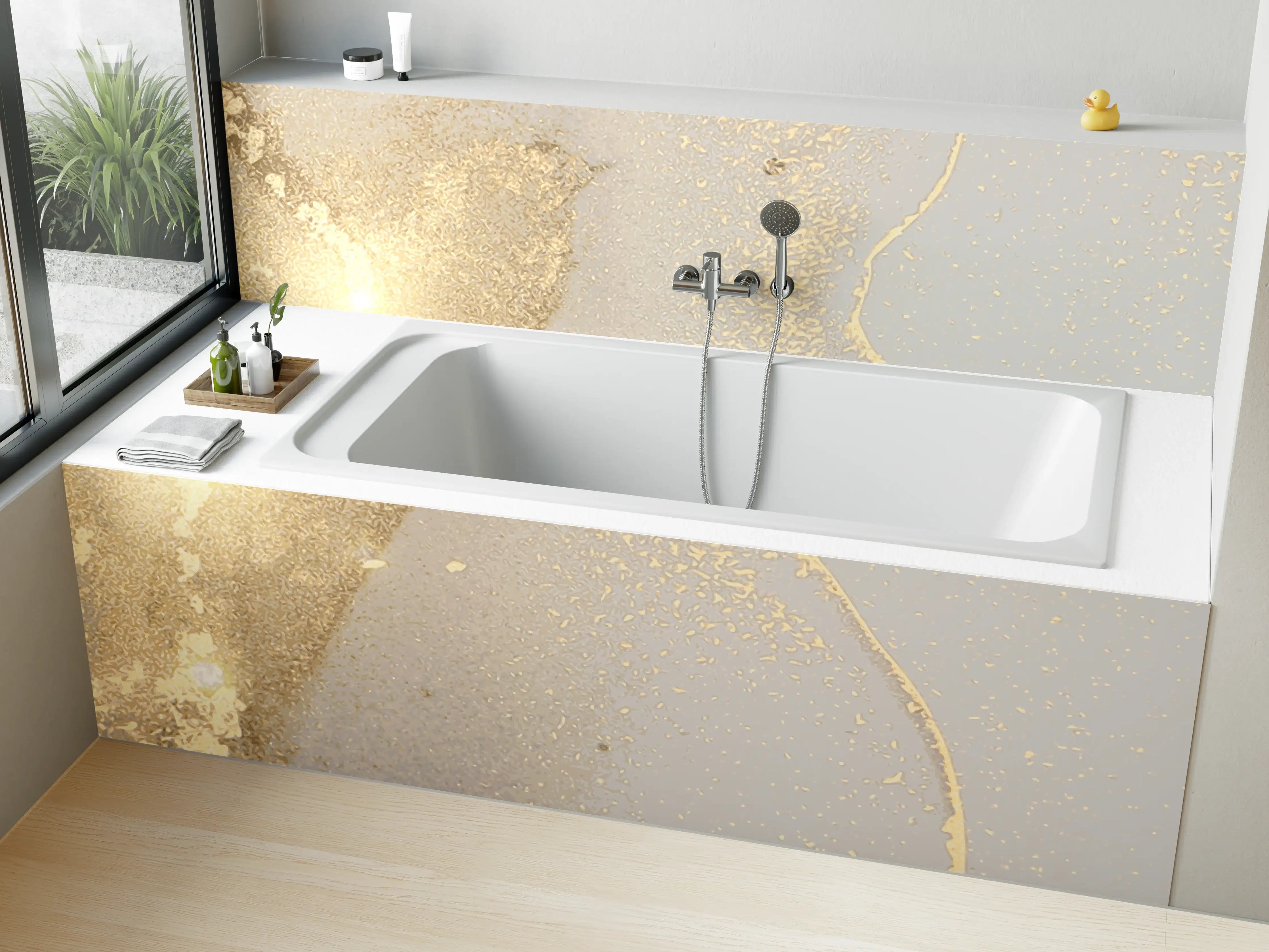 Badewannen-Rückwand - Goldener Glanz auf Cremeweiß