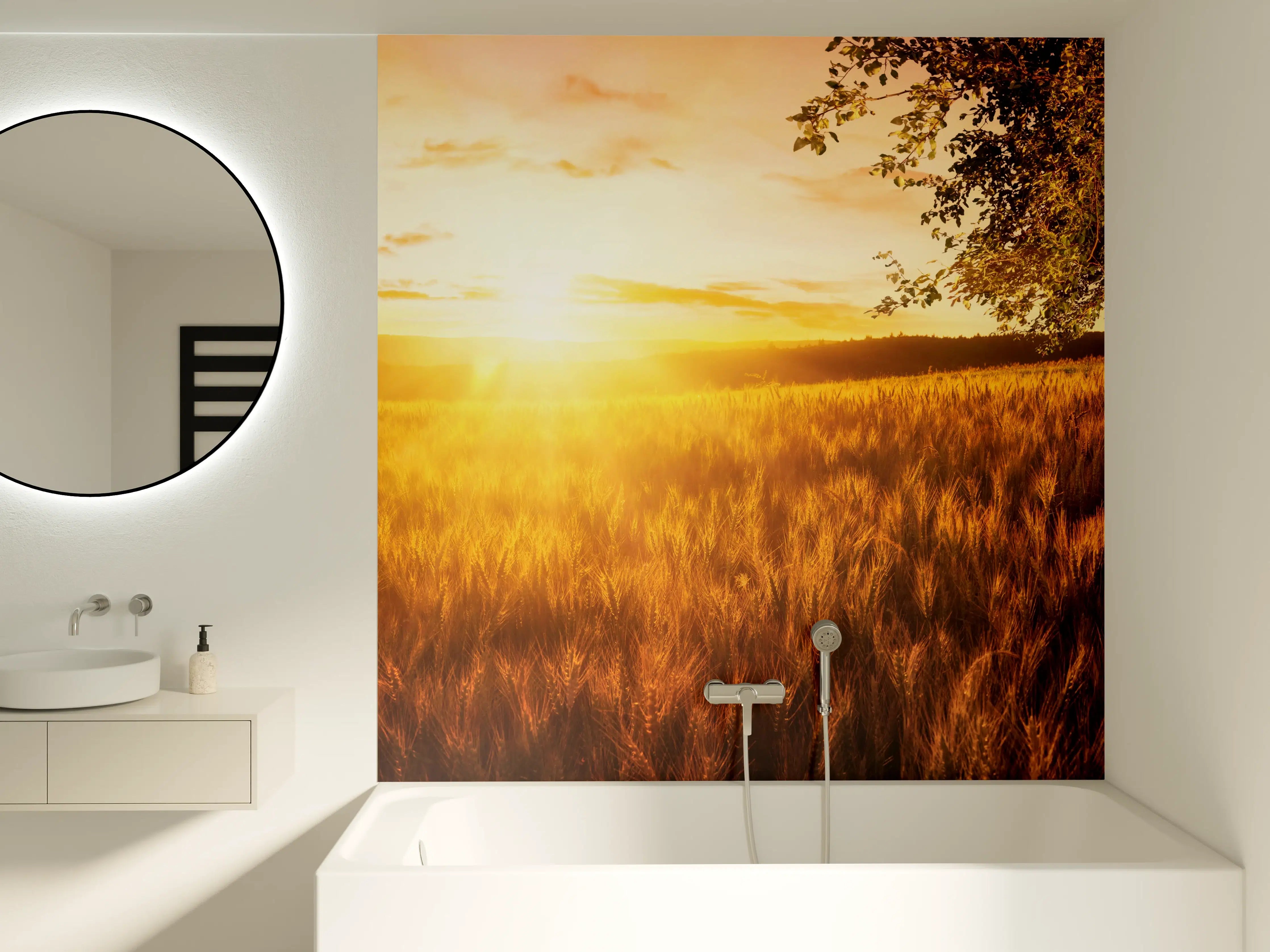 Badewannen-Rückwand - Goldener Sonnenuntergang über Feldern