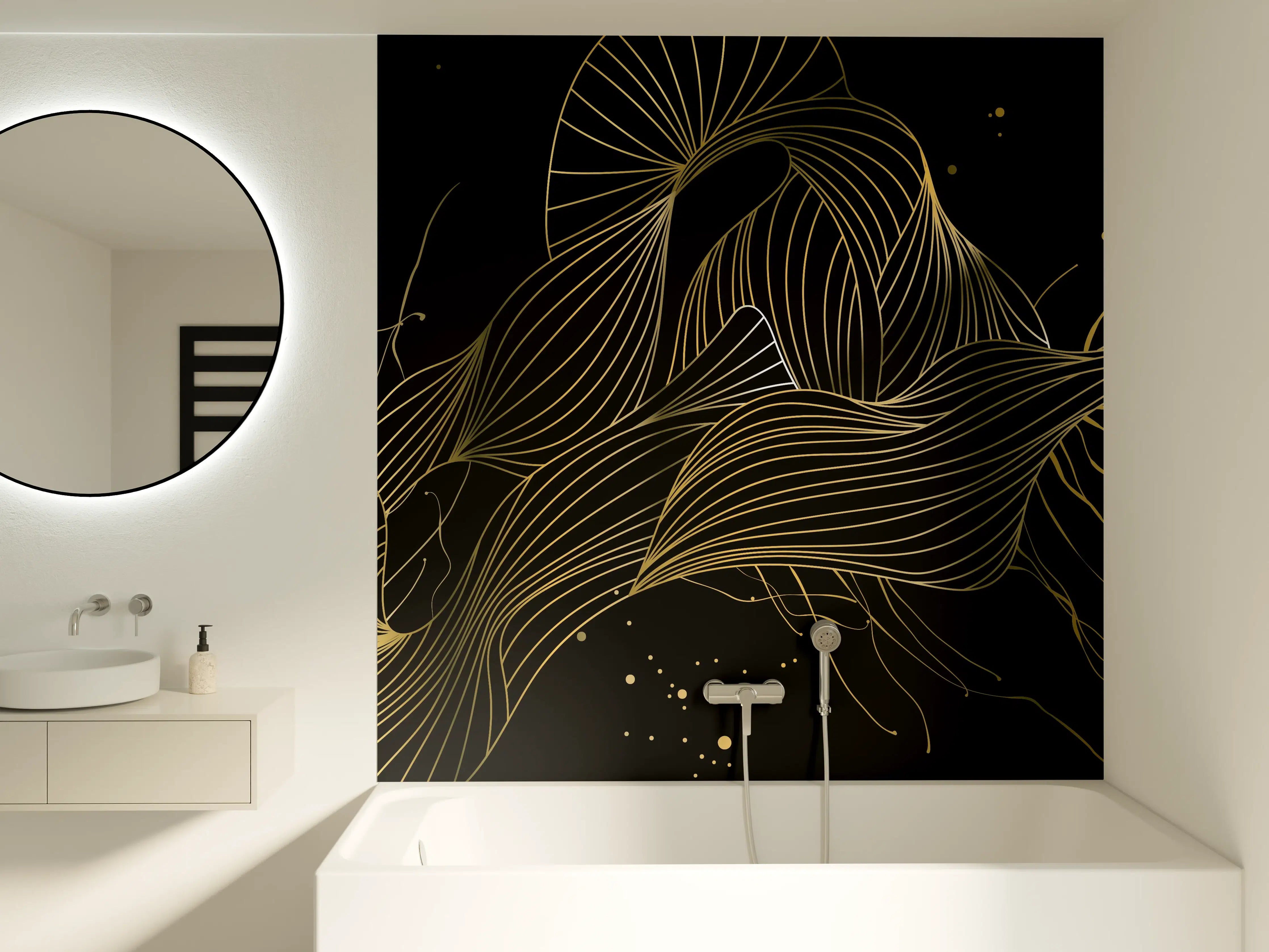 Badewannen-Rückwand - Goldenes Linienmuster auf Schwarz