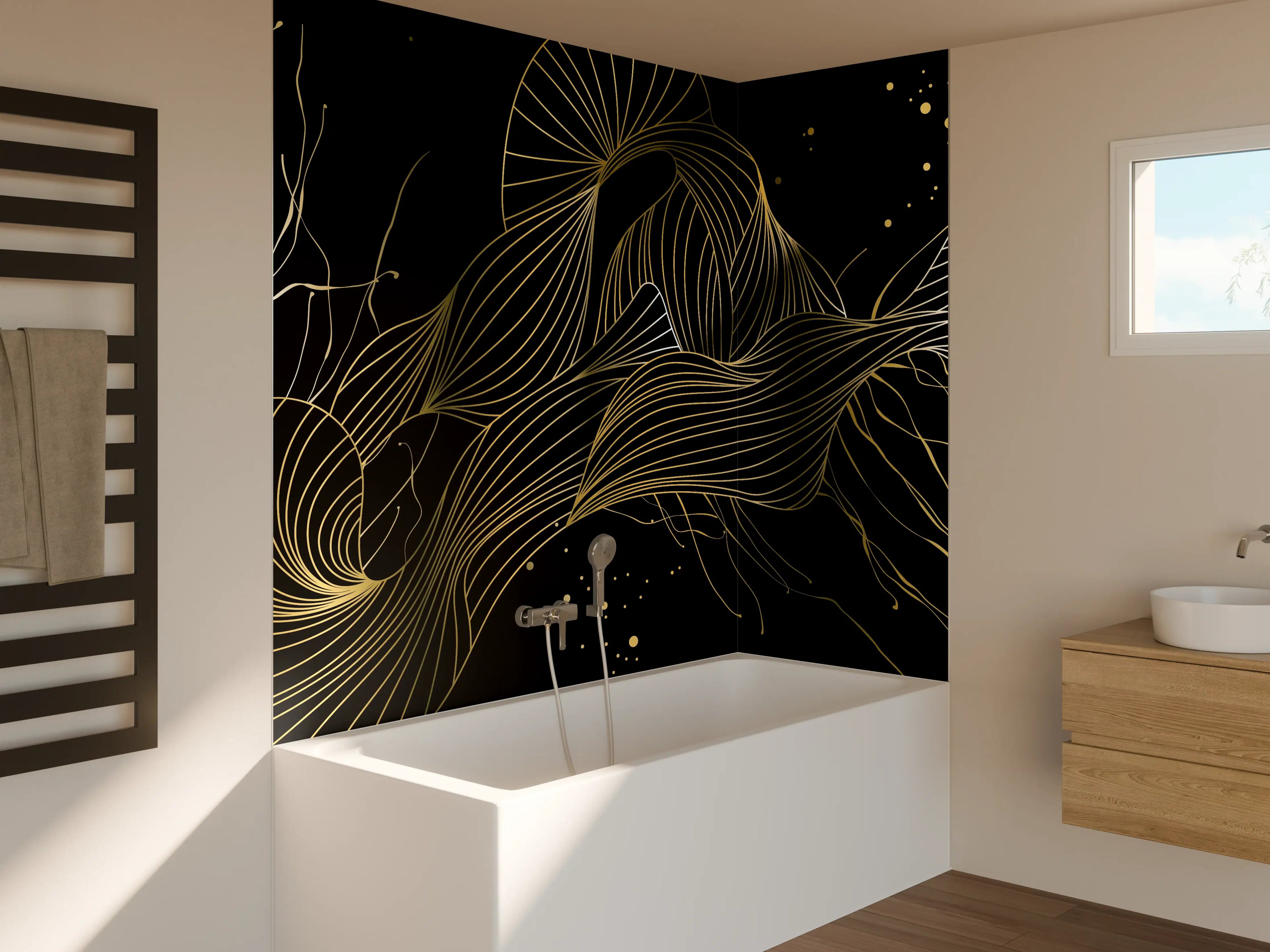 Badewannen-Rückwand - Goldenes Linienmuster auf Schwarz