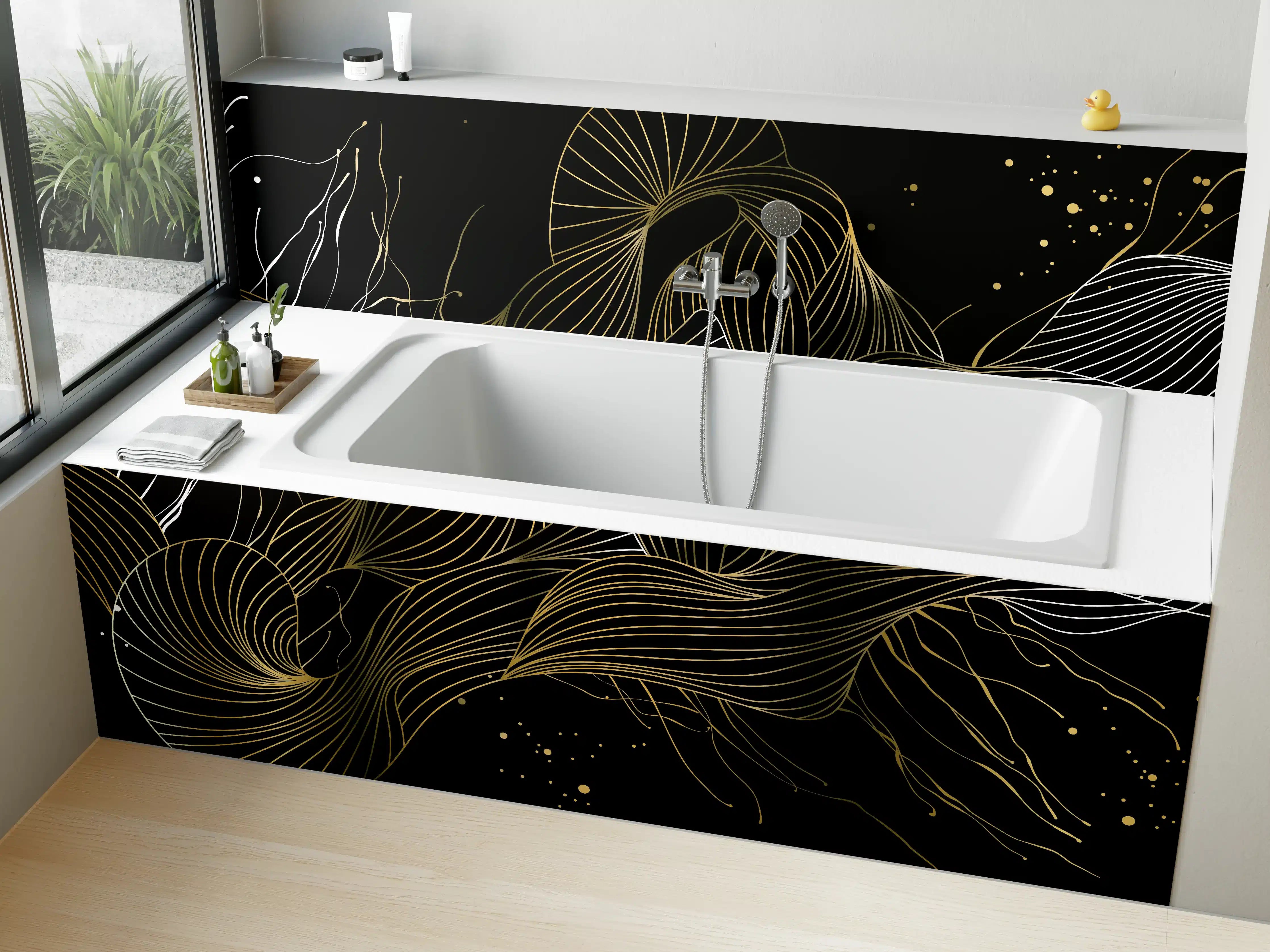 Badewannen-Rückwand - Goldenes Linienmuster auf Schwarz