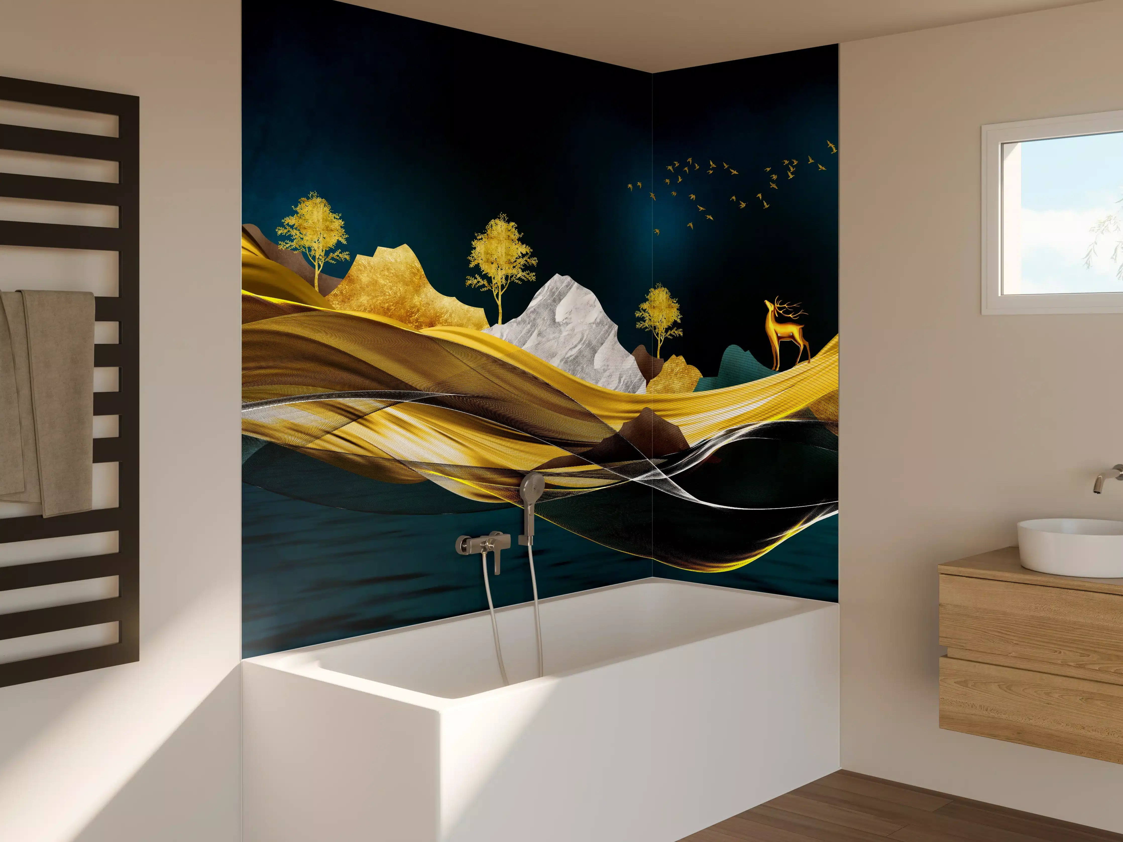 Badewannen-Rückwand - Goldenes Wellendesign - 3D