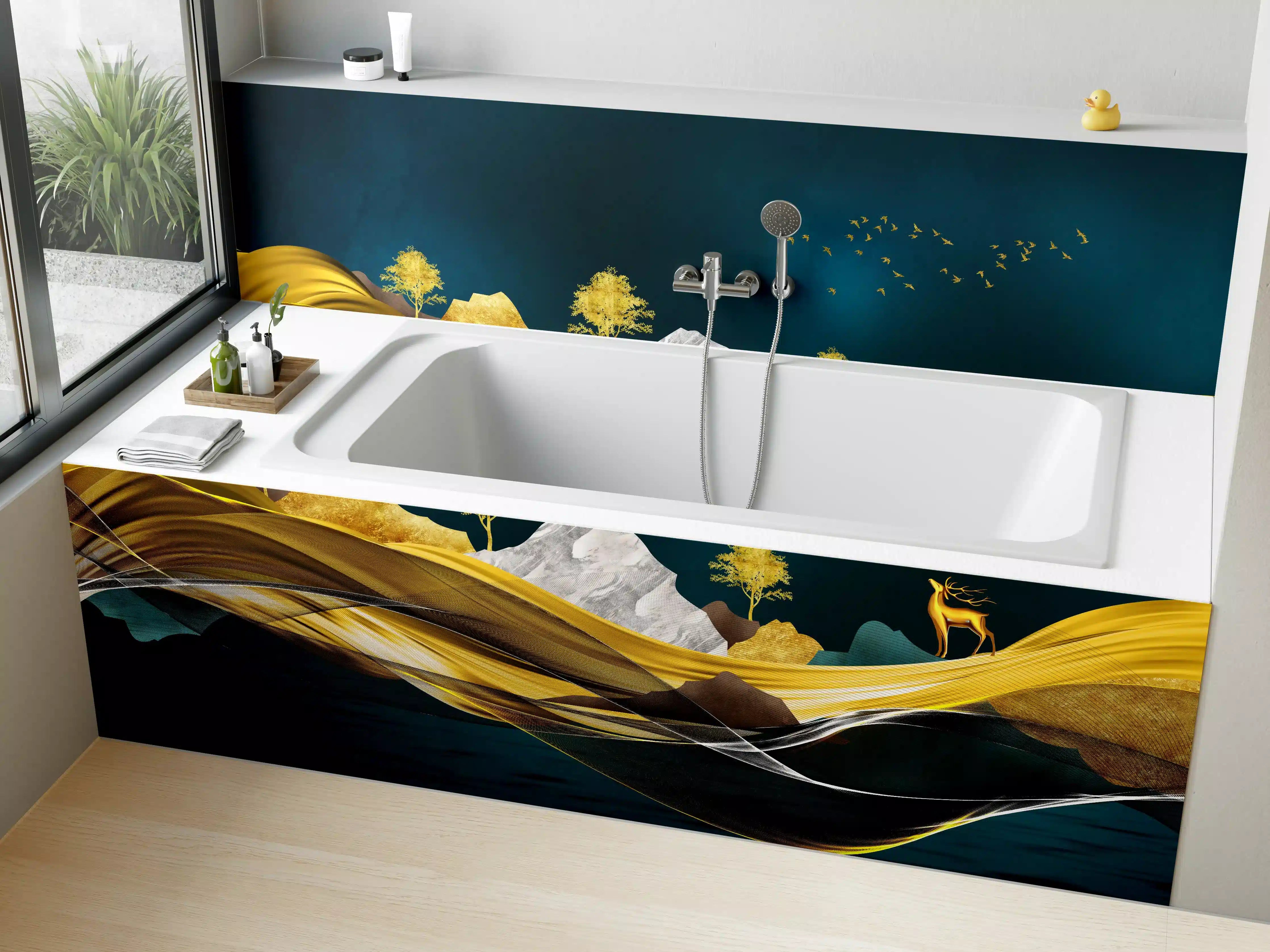 Badewannen-Rückwand - Goldenes Wellendesign - 3D