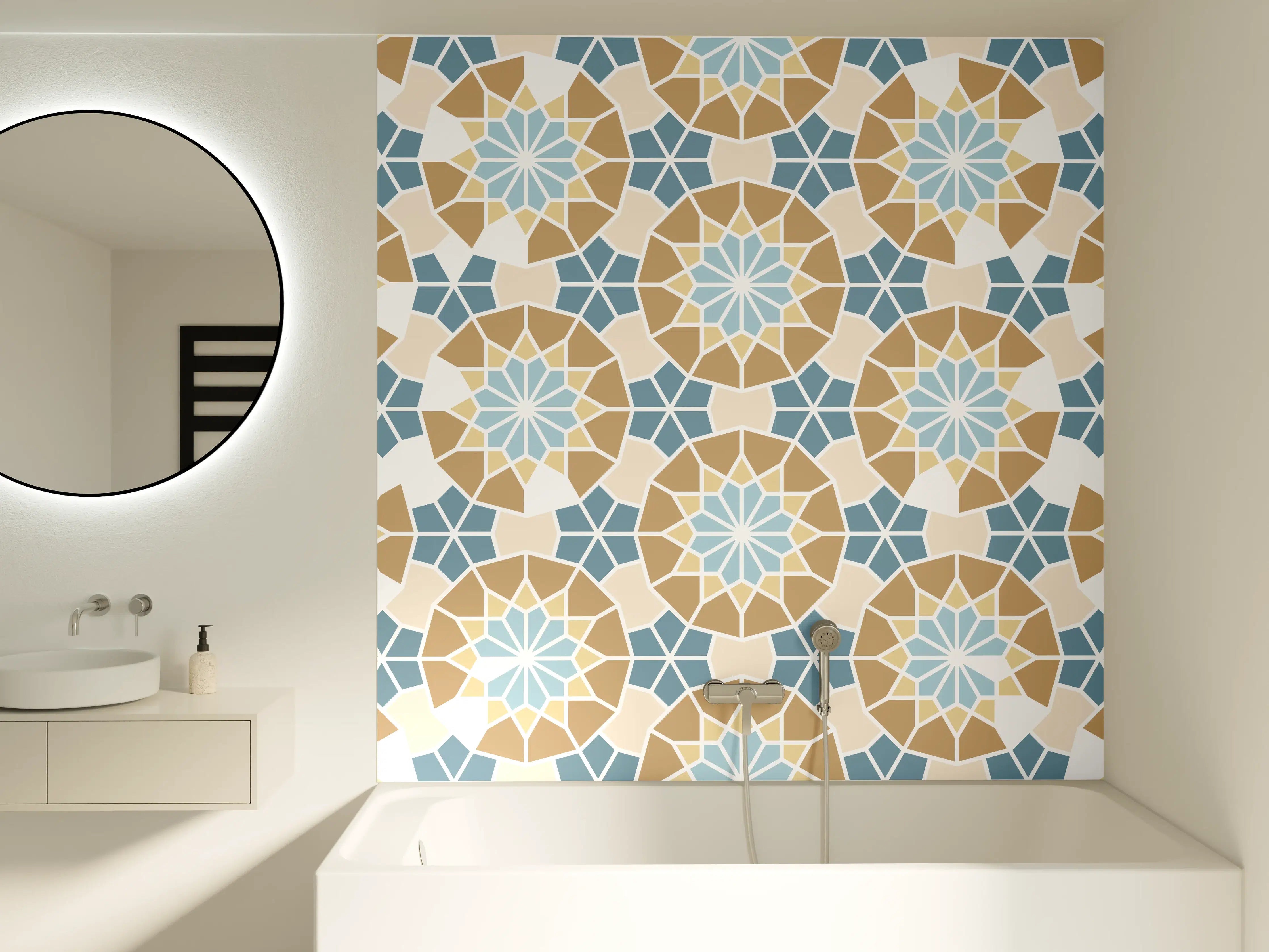 Badewannen-Rückwand - Grafisches Blau Beige Muster