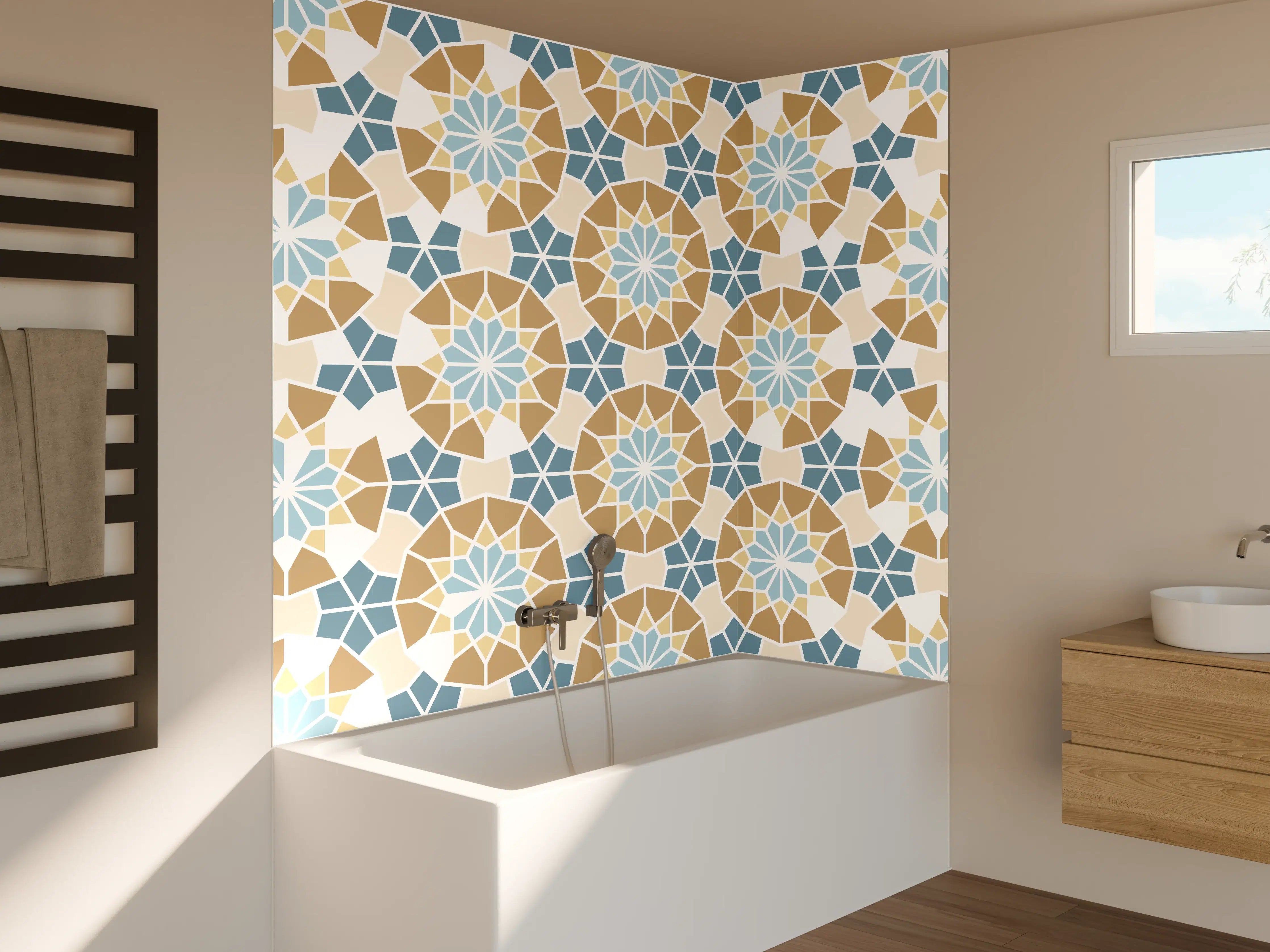 Badewannen-Rückwand - Grafisches Blau Beige Muster