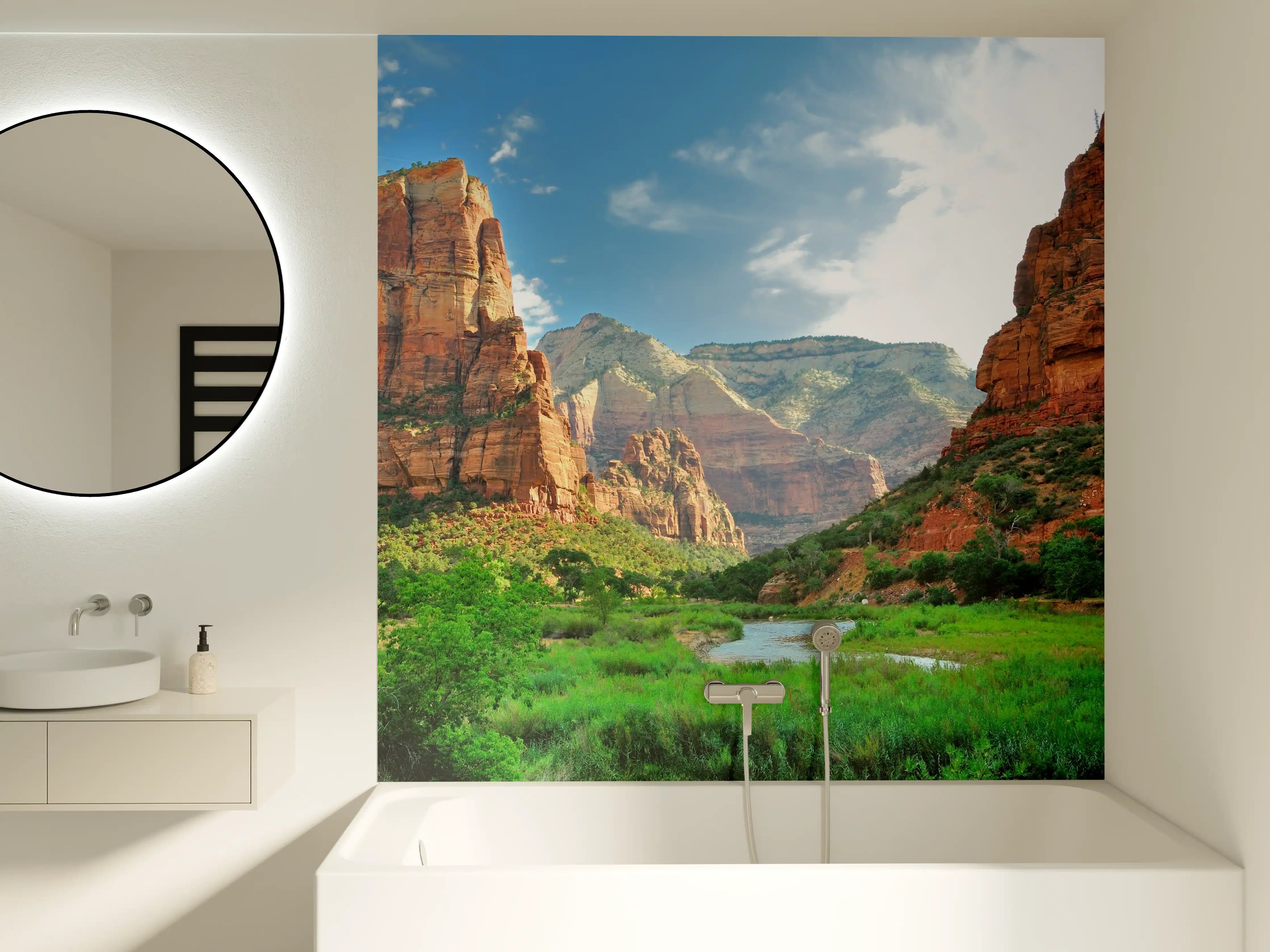 Badewannen-Rückwand - Grandiose Canyonlandschaft mit Fluss und Berggipfeln