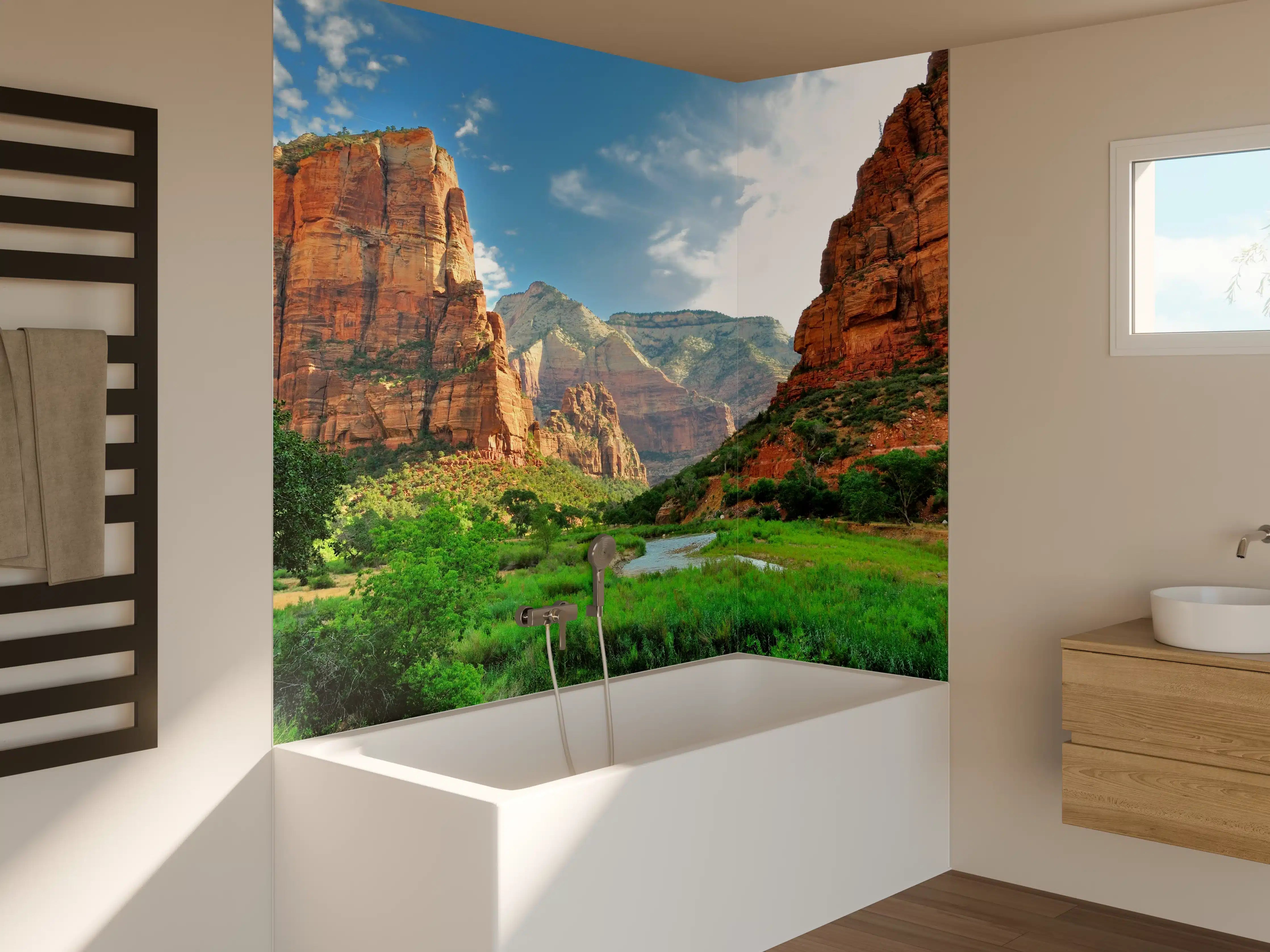 Badewannen-Rückwand - Grandiose Canyonlandschaft mit Fluss und Berggipfeln