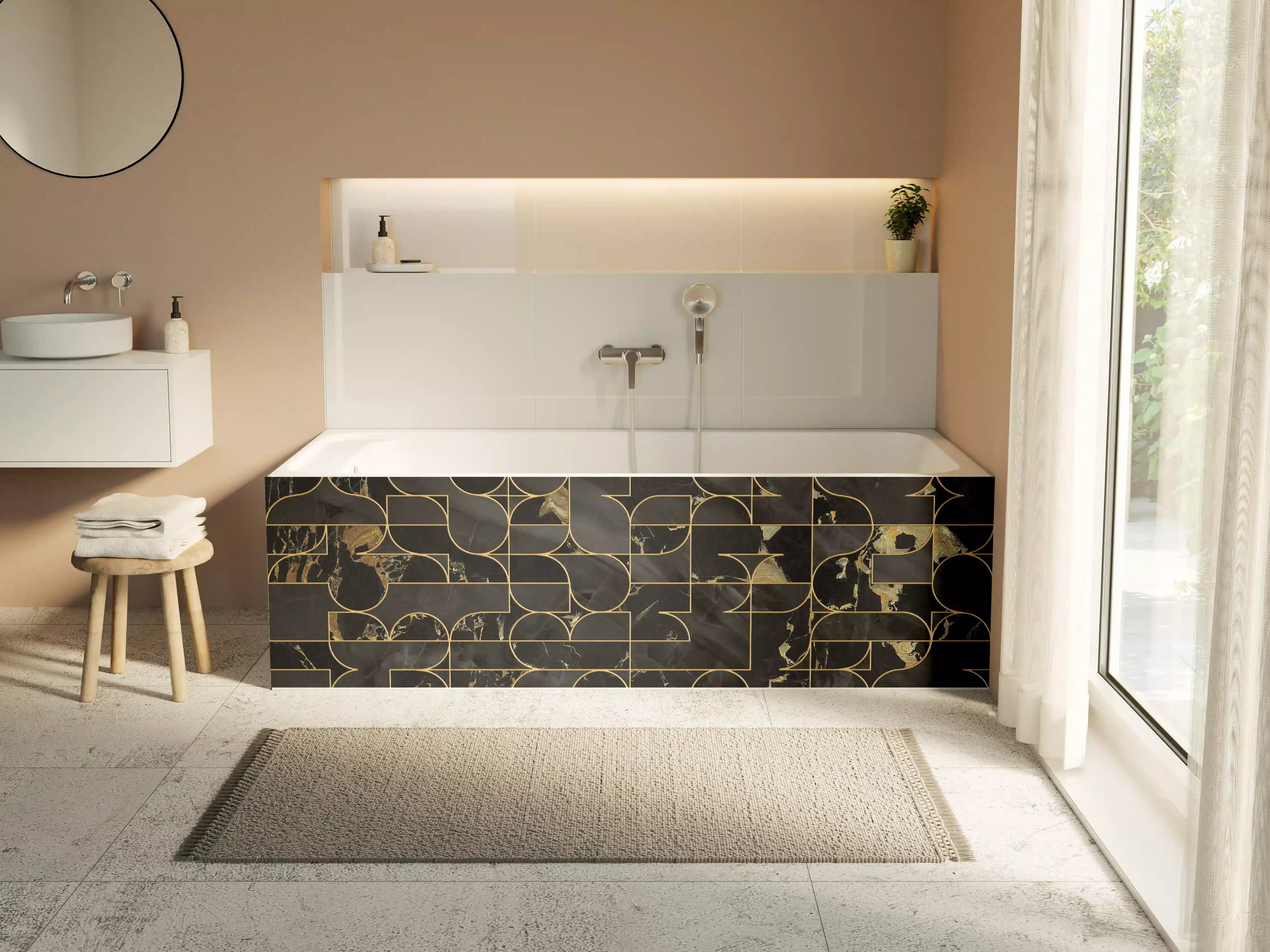 Badewannen-Rückwand - Graphit-Gold Marmor-Design