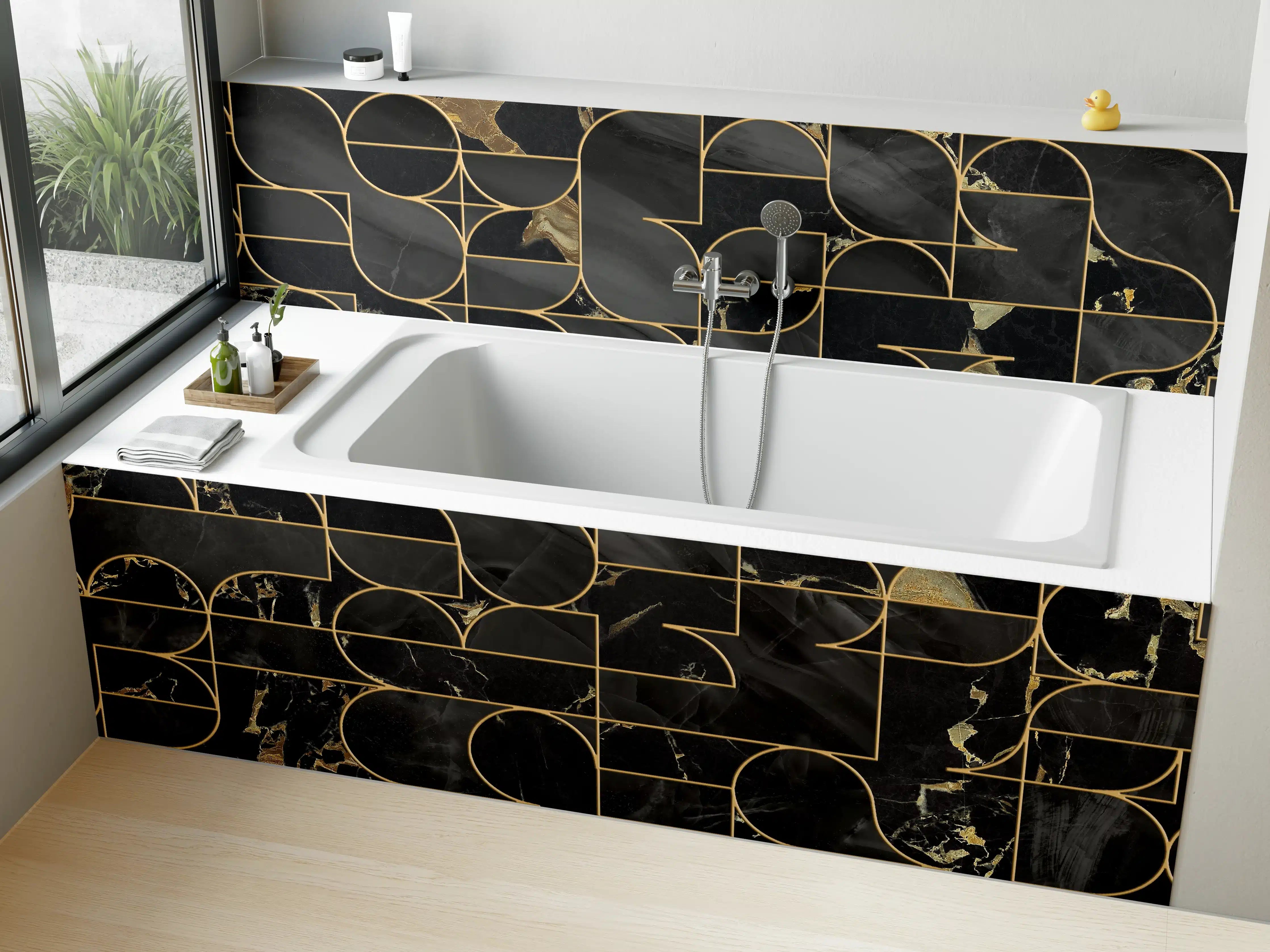 Badewannen-Rückwand - Graphit-Gold Marmor-Design