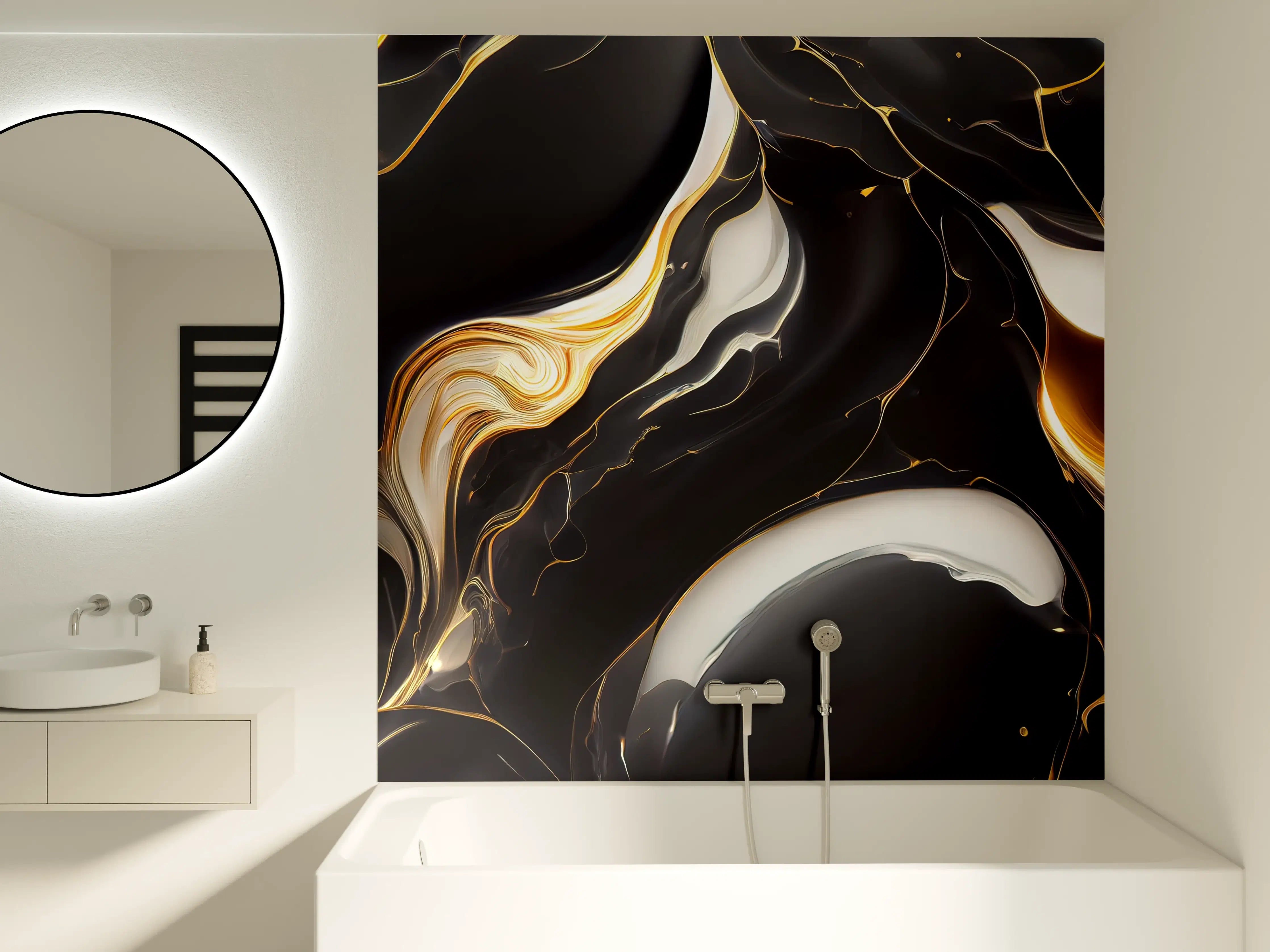 Badewannen-Rückwand - Grau-Schwarz Marmor mit goldenen Akzenten