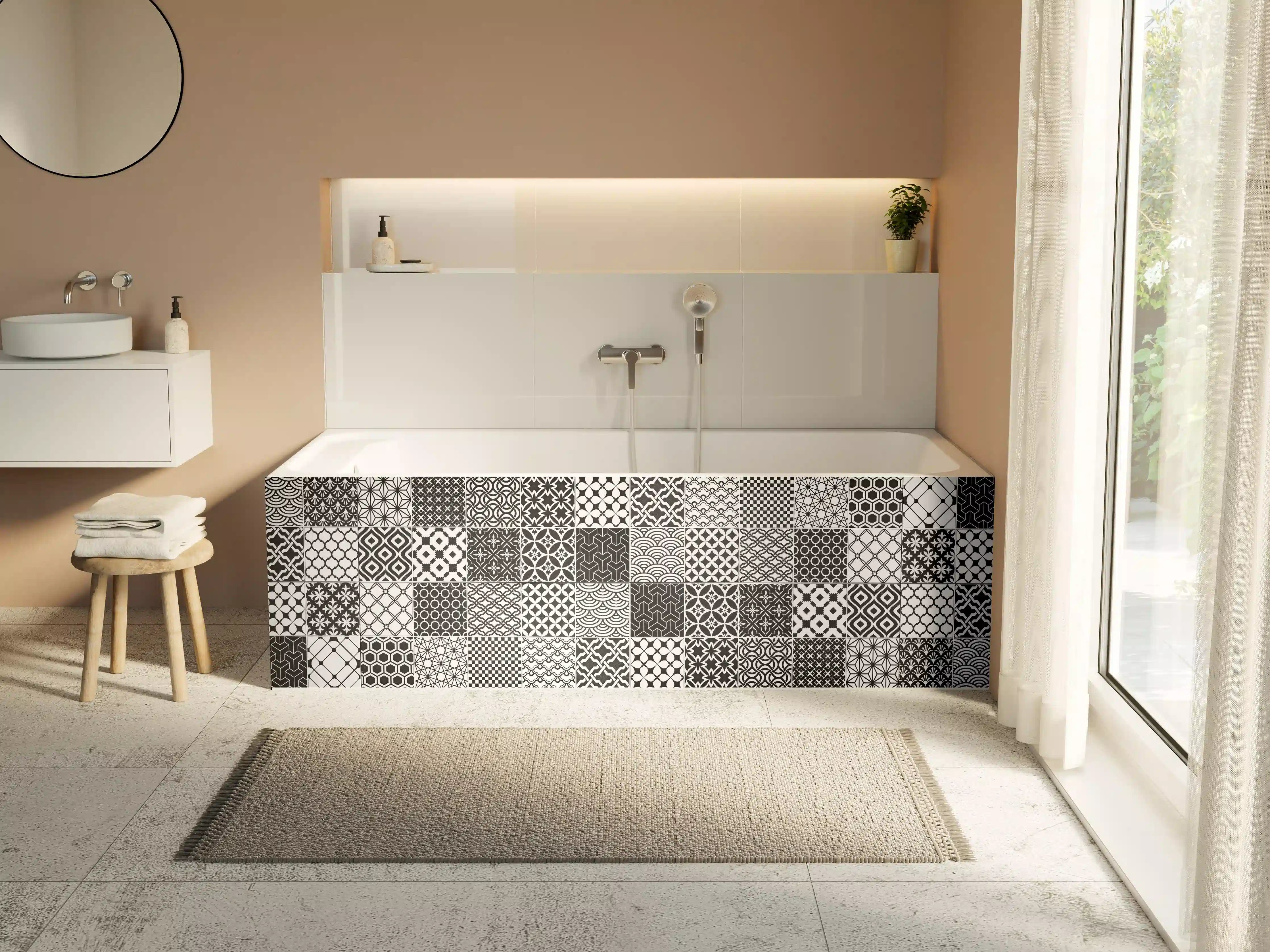 Badewannen-Rückwand - Grau-Weiß geometrisch Mosaik