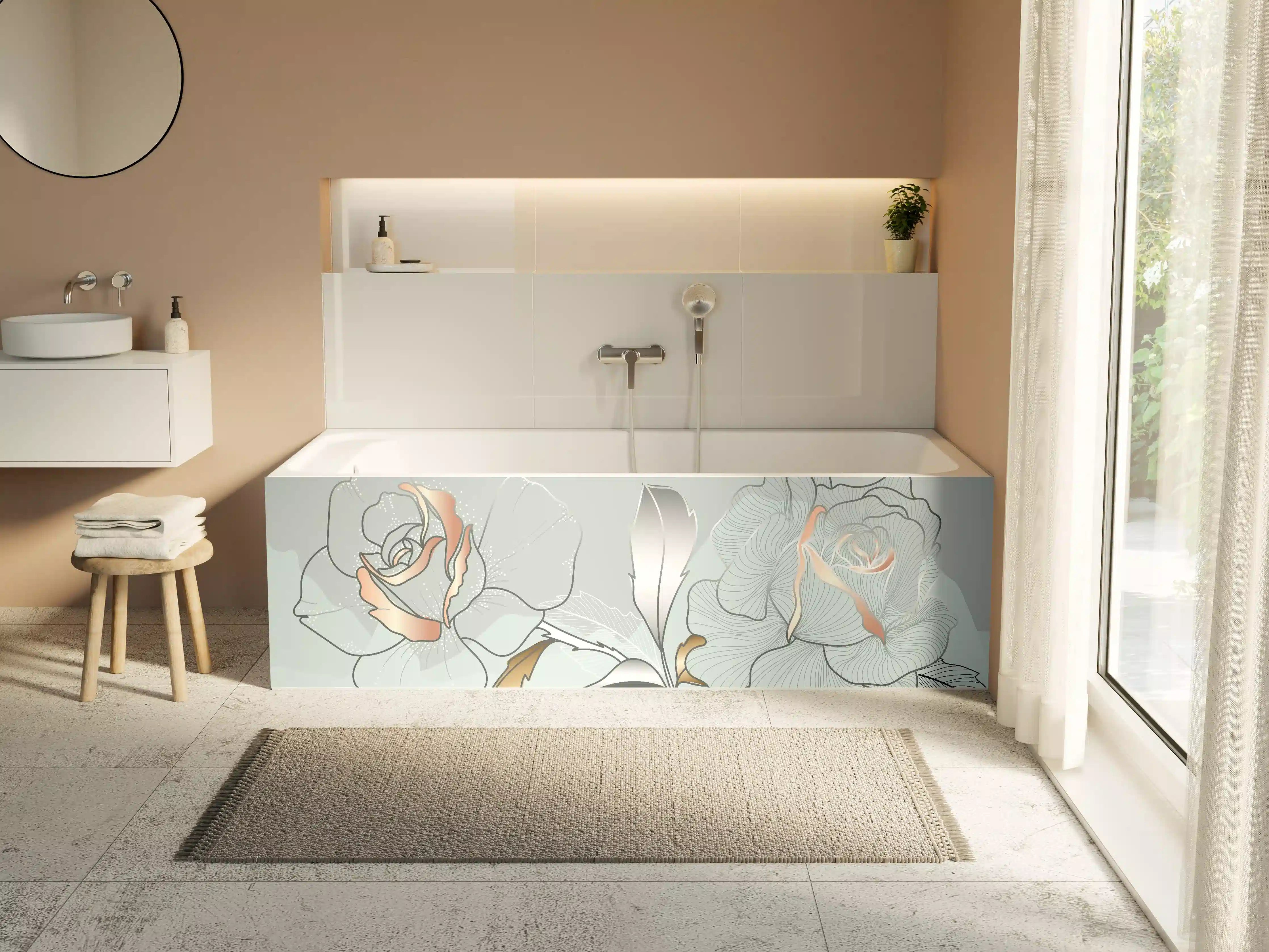 Badewannen-Rückwand - Grau-Weiße Blumenillustration