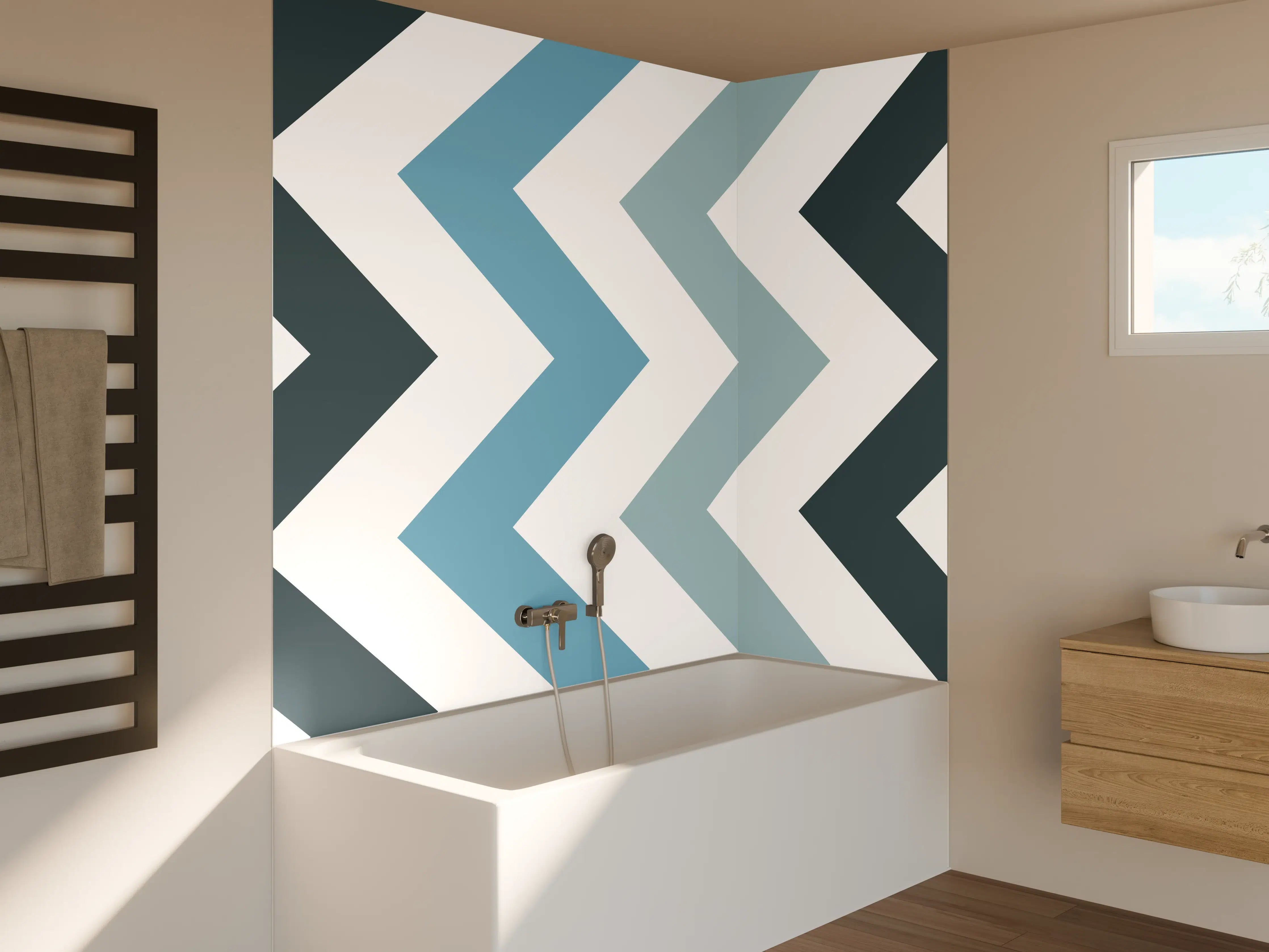 Badewannen-Rückwand - Grau-Weißes Zick-Zack-Design
