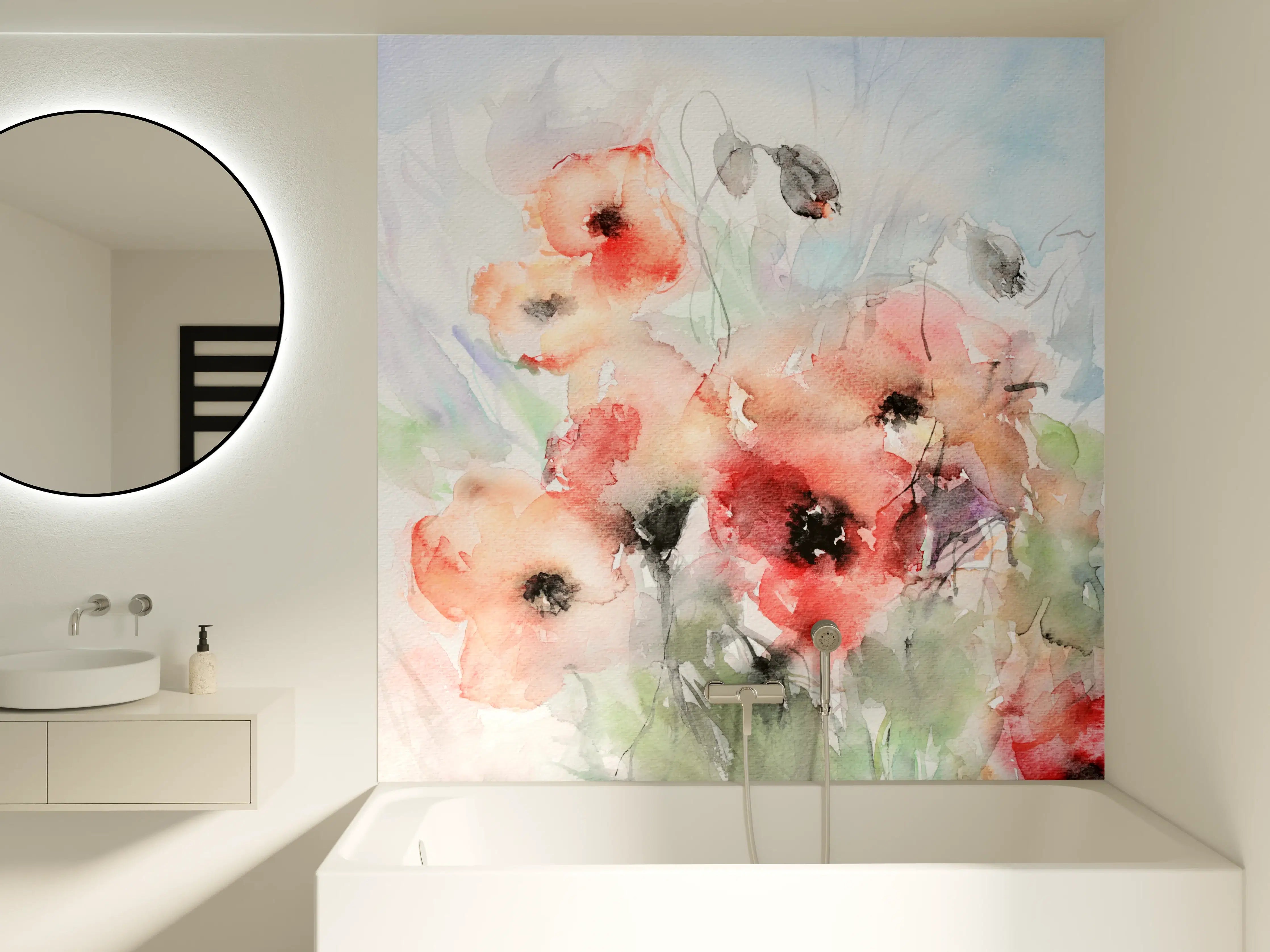 Badewannen-Rückwand - Graue Aquarellblumen in Pastell