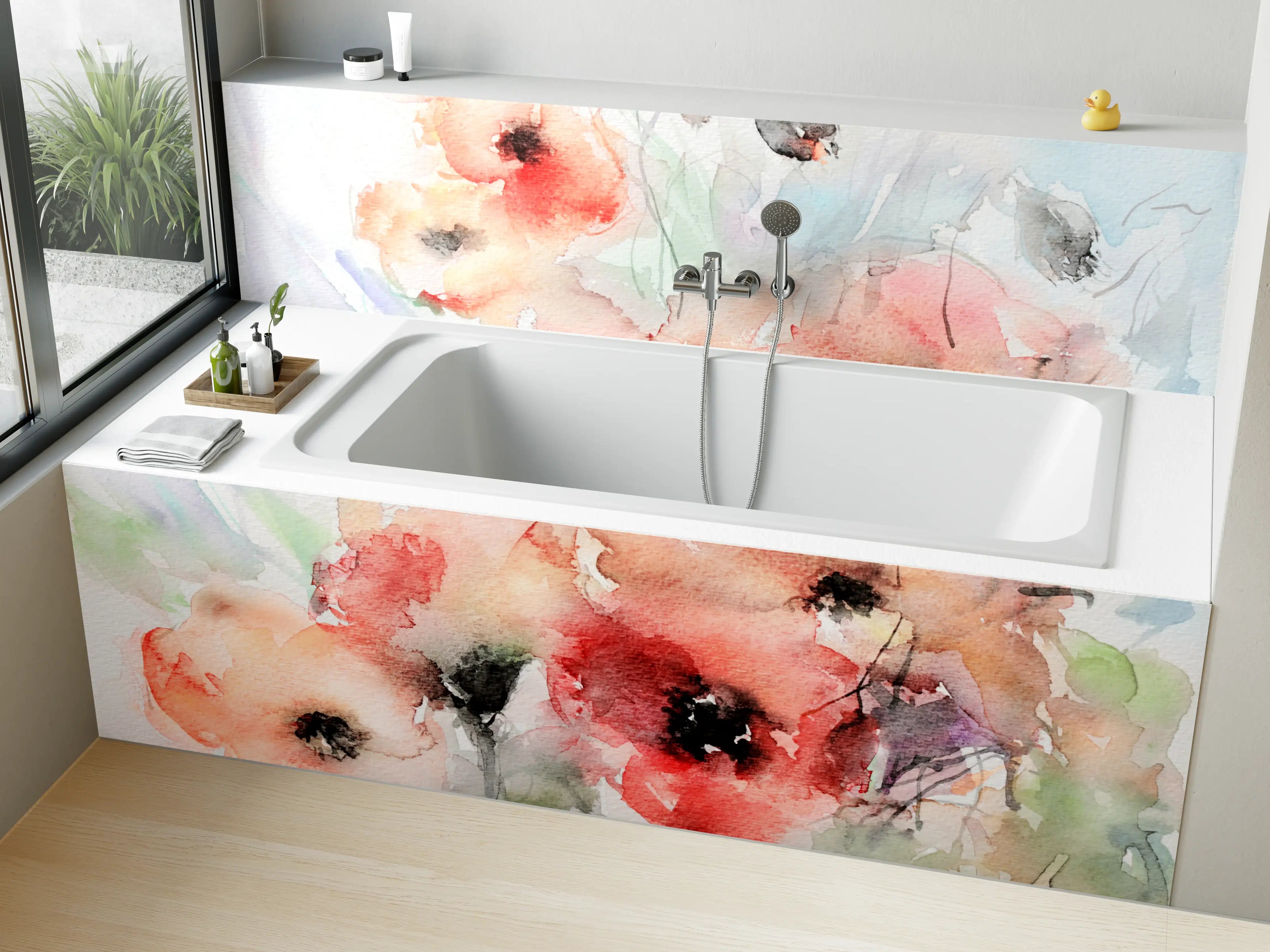 Badewannen-Rückwand - Graue Aquarellblumen in Pastell