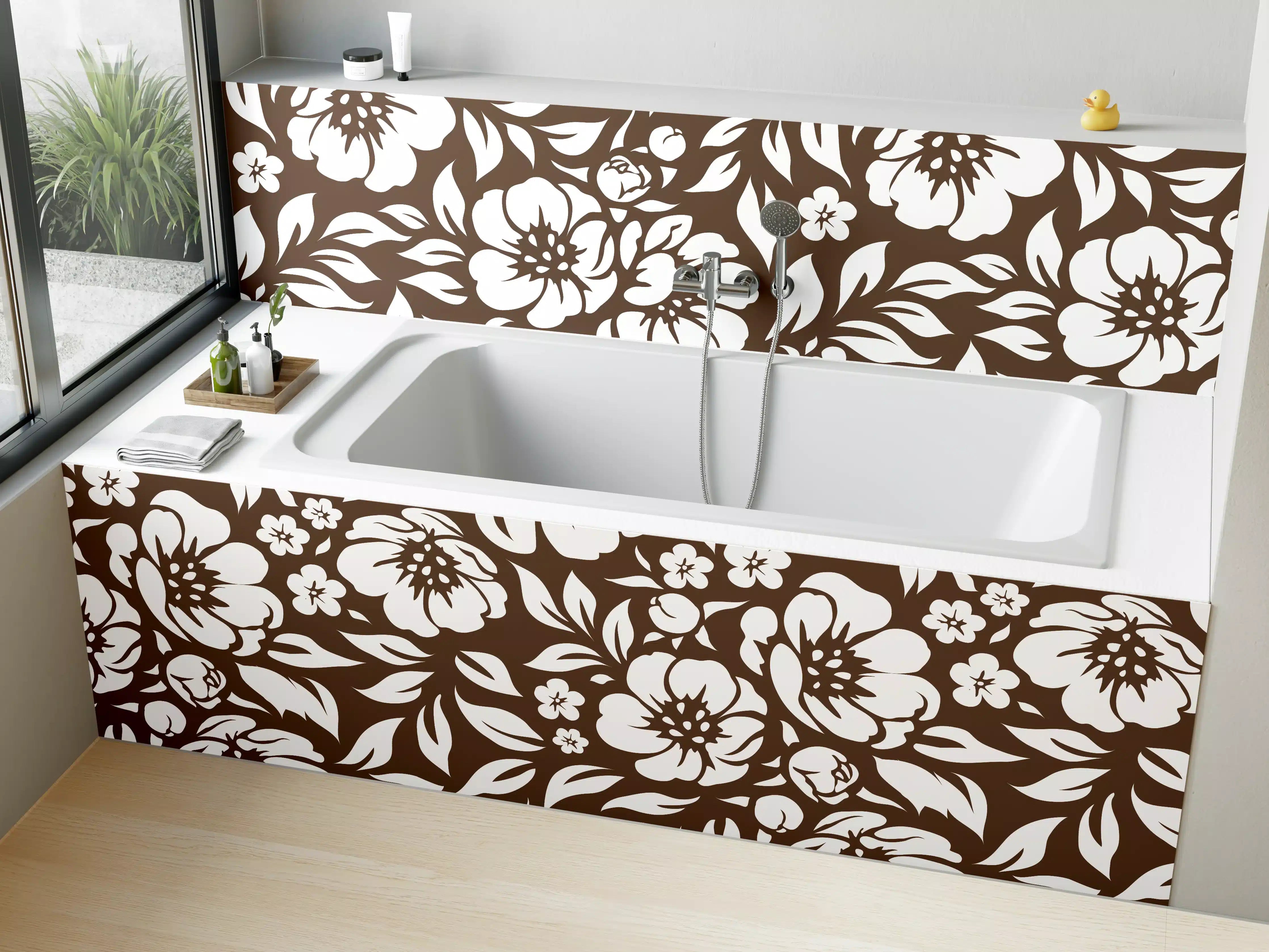 Badewannen-Rückwand - Graue Blüten in Weiß