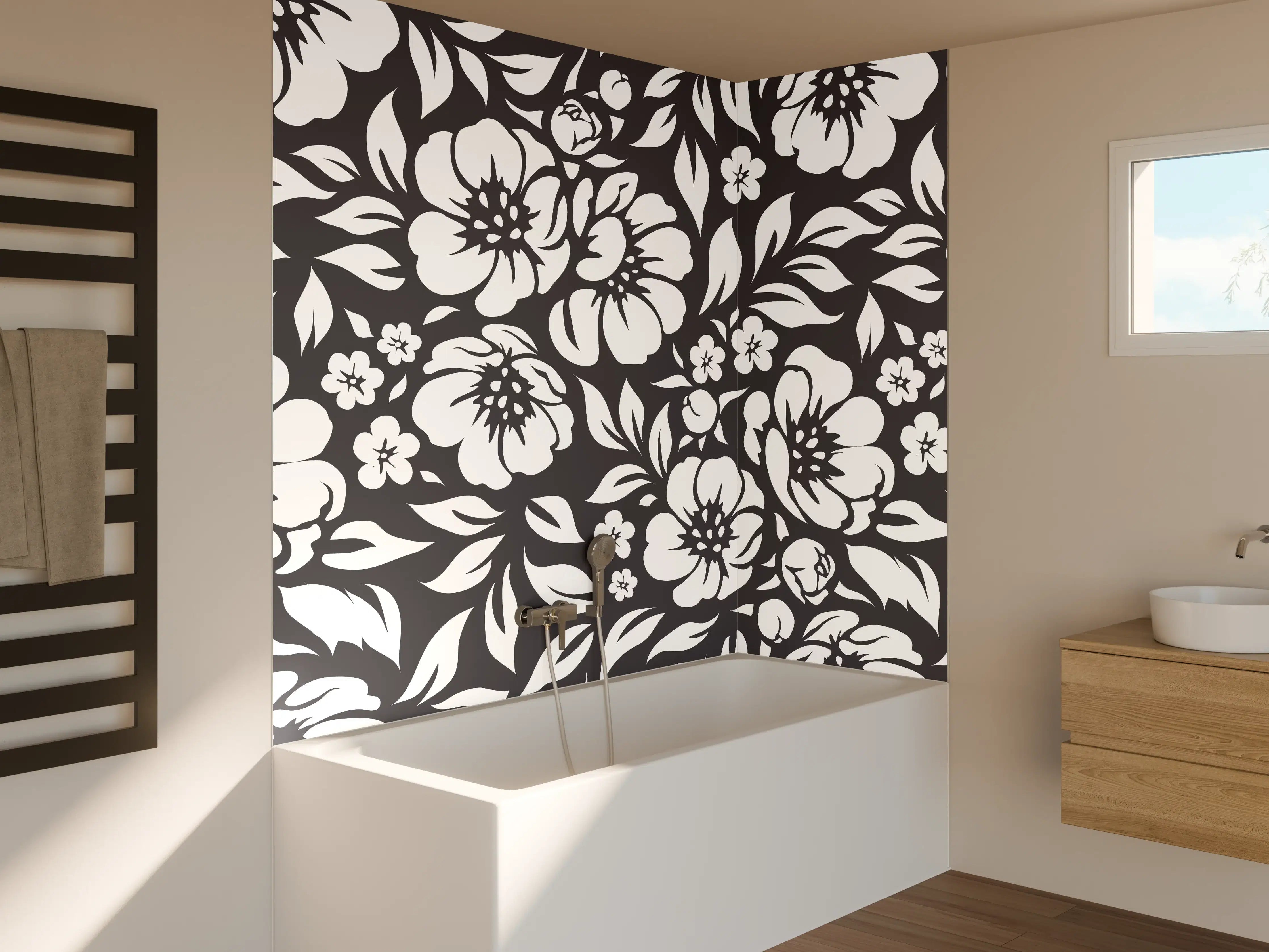 Badewannen-Rückwand - Graue Blumenmuster in Schwarzweiß