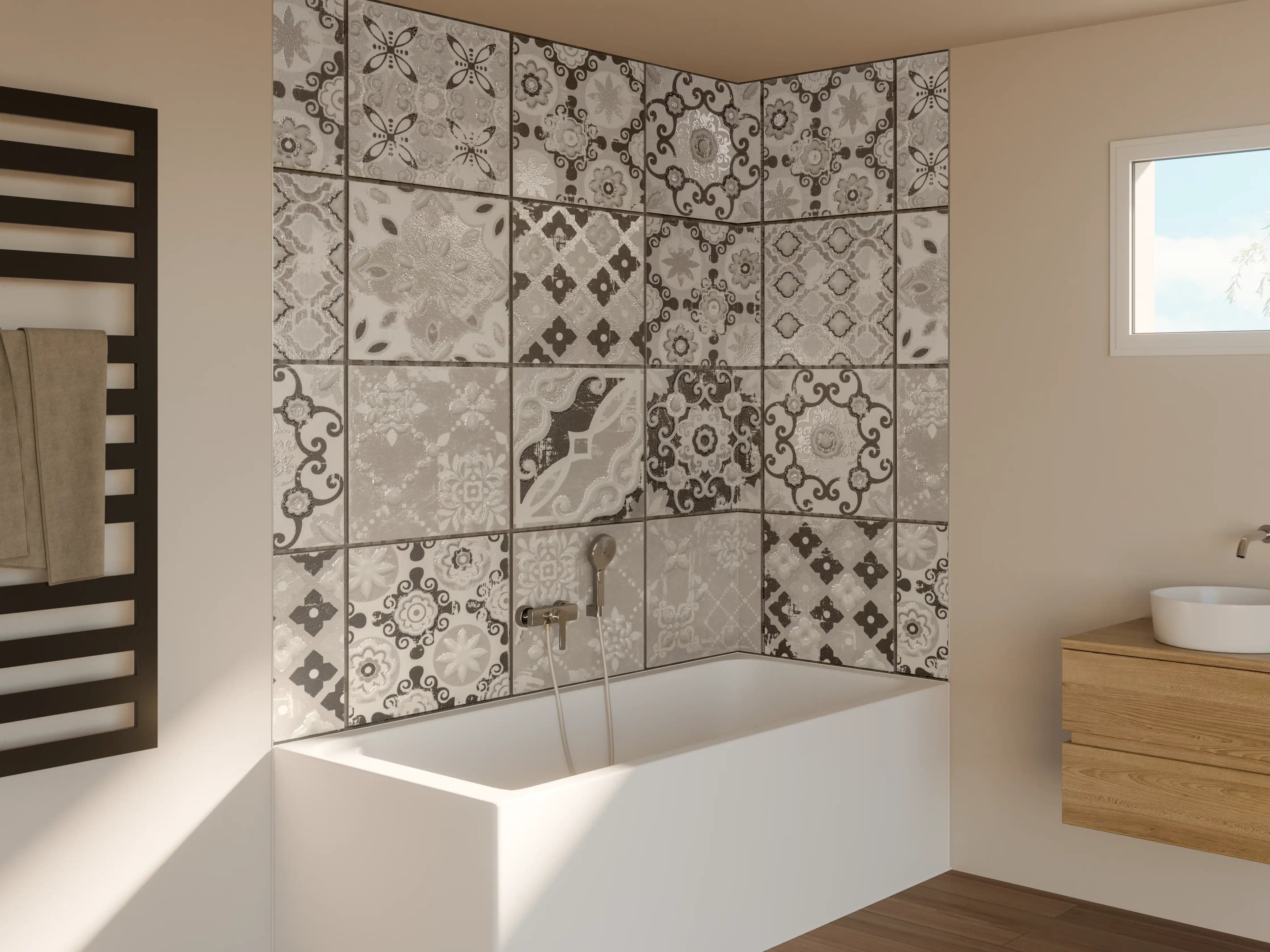 Badewannen-Rückwand - Graue Fliesenmuster