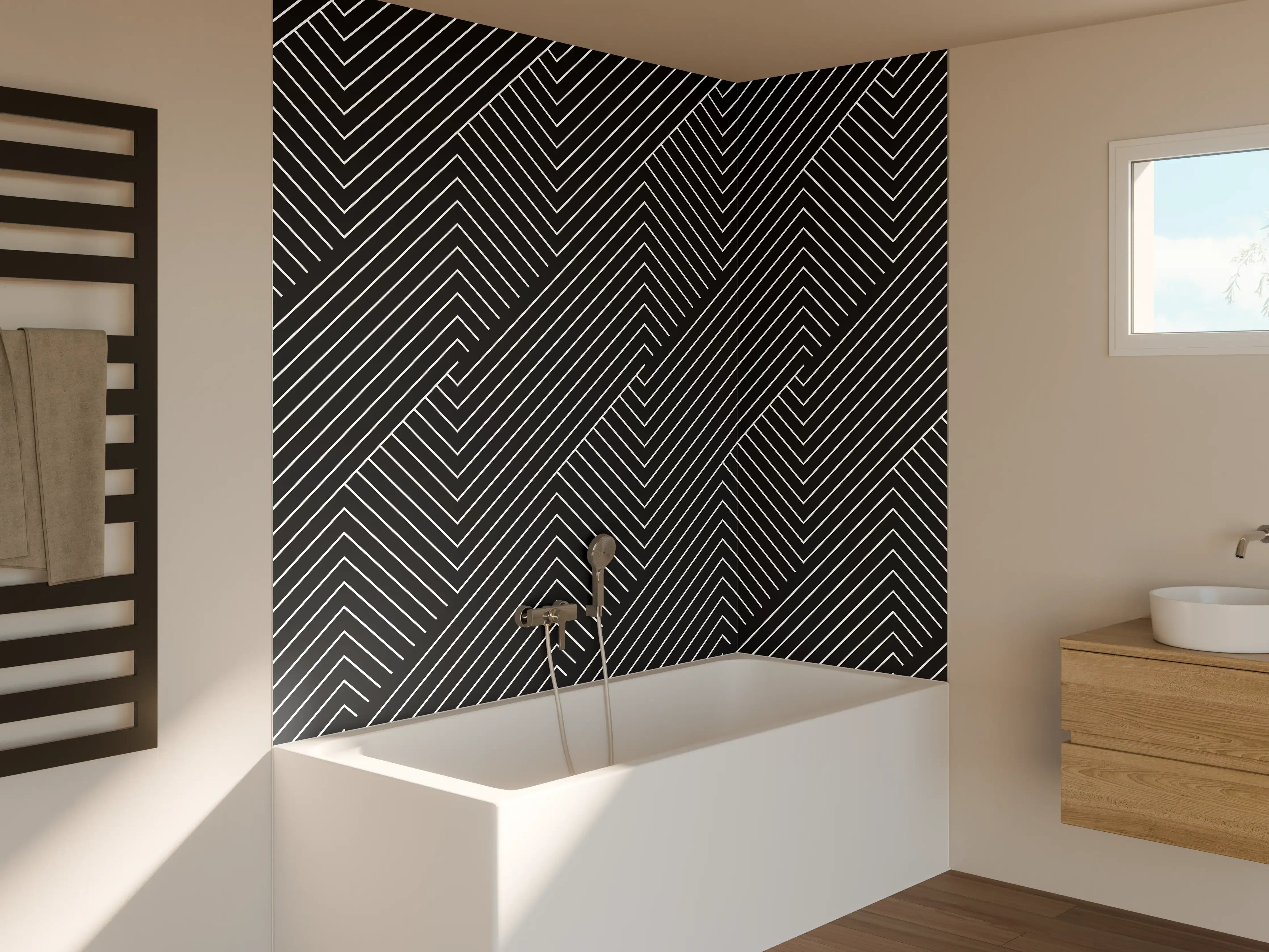 Badewannen-Rückwand - Graue Geometrie im Weiß