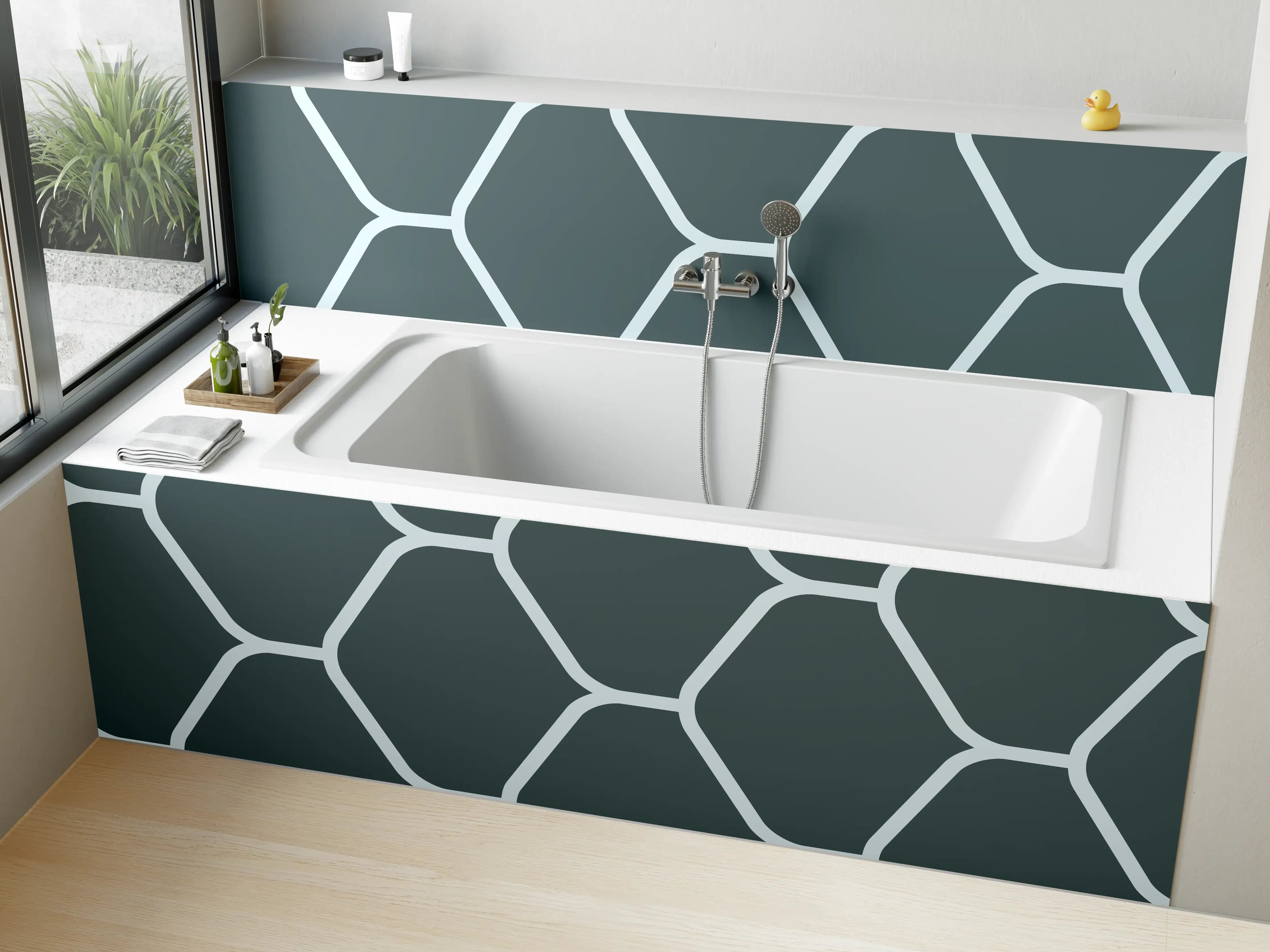 Badewannen-Rückwand - Graue Hexagon-Muster Tapete