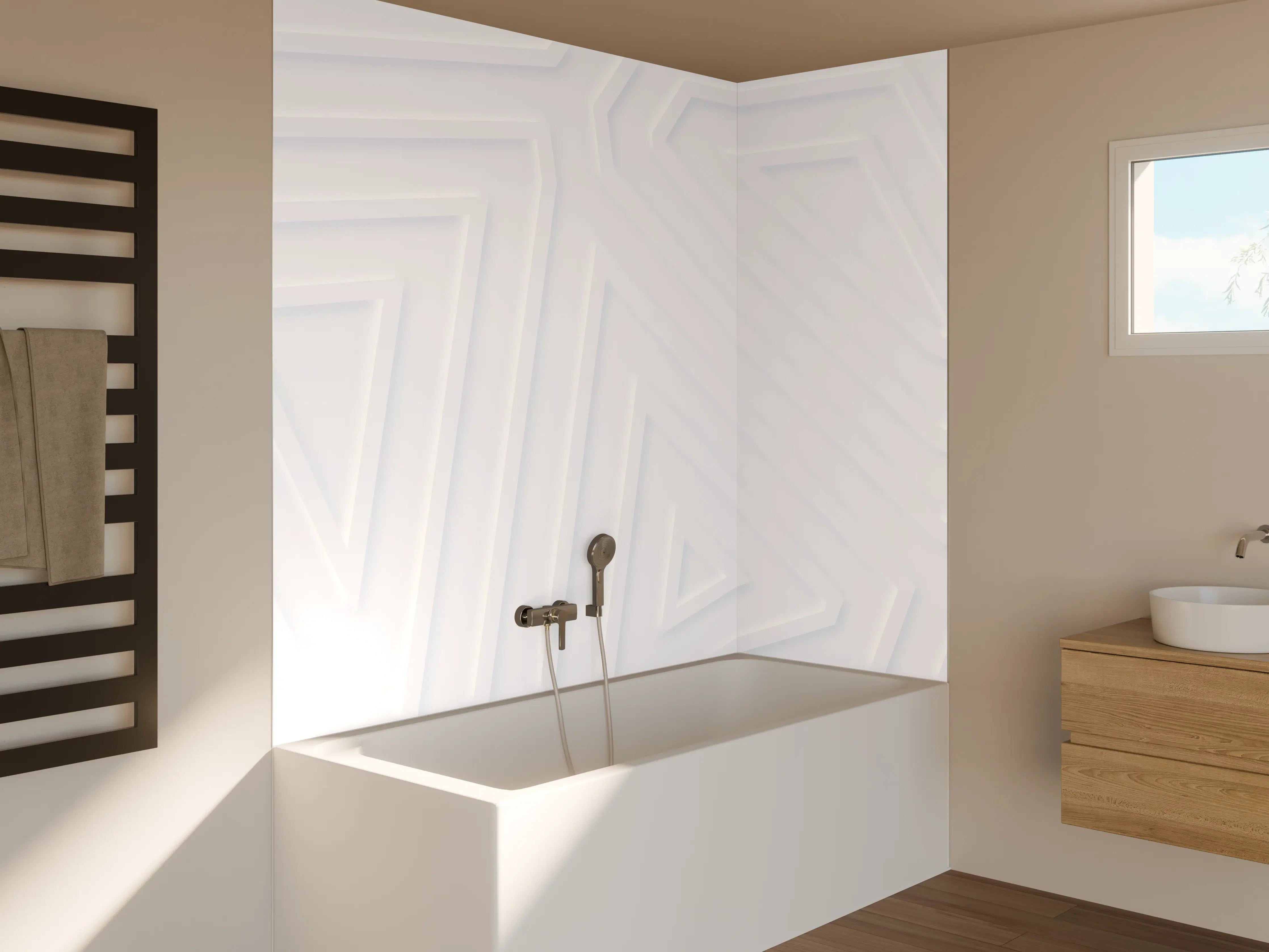 Badewannen-Rückwand - Graue Linien auf weißer Wand