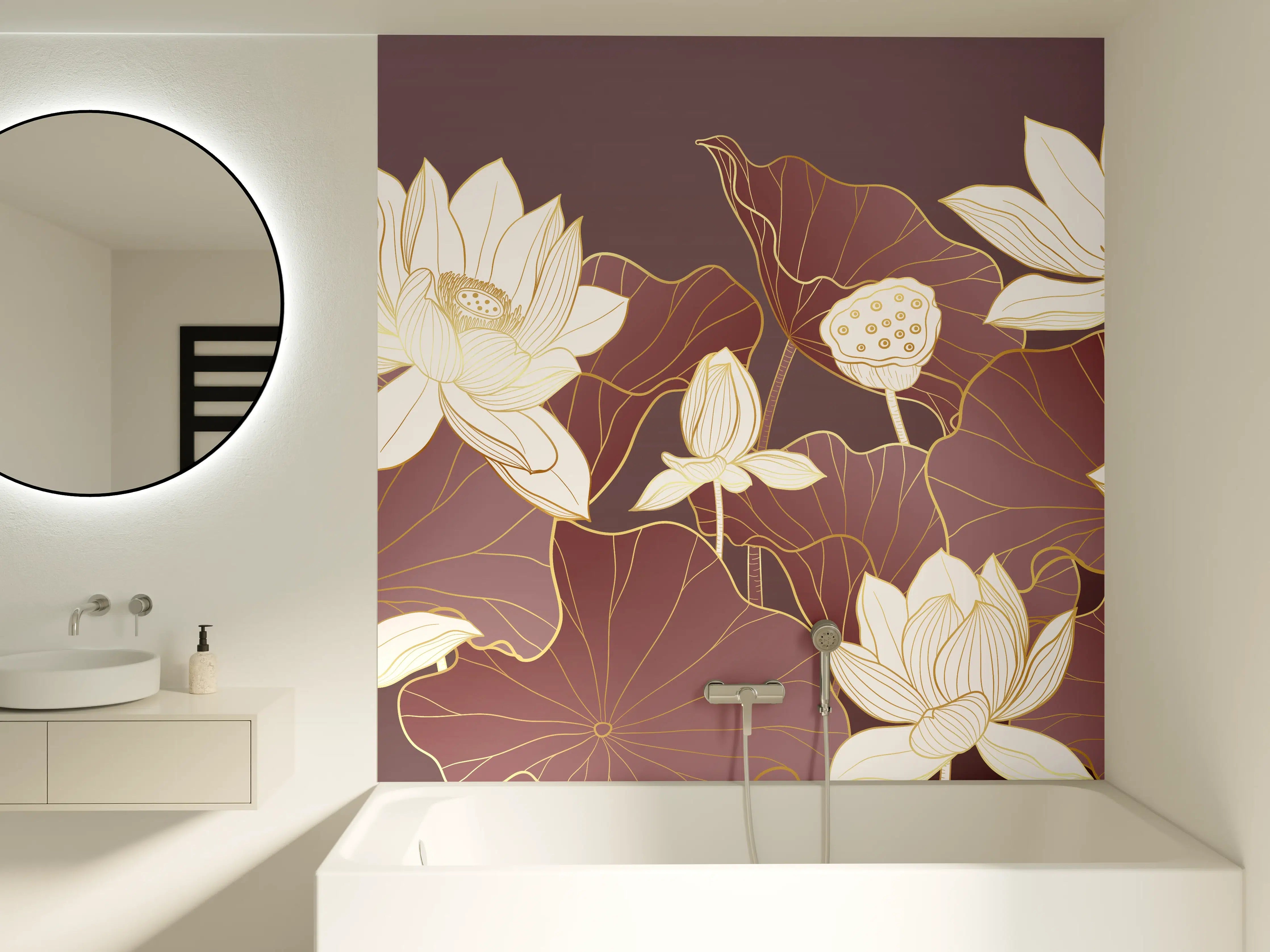 Badewannen-Rückwand - Graue Lotus auf Erdfarbenem Grund
