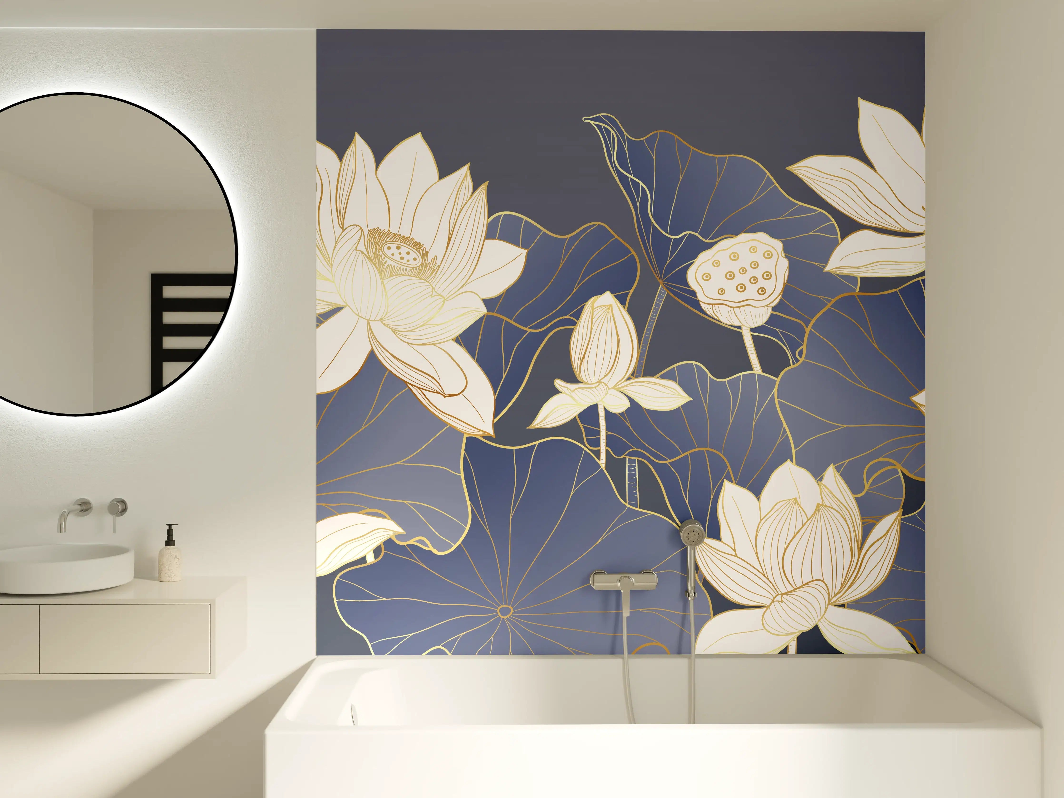 Badewannen-Rückwand - Graue Lotus auf schwarzem Grund