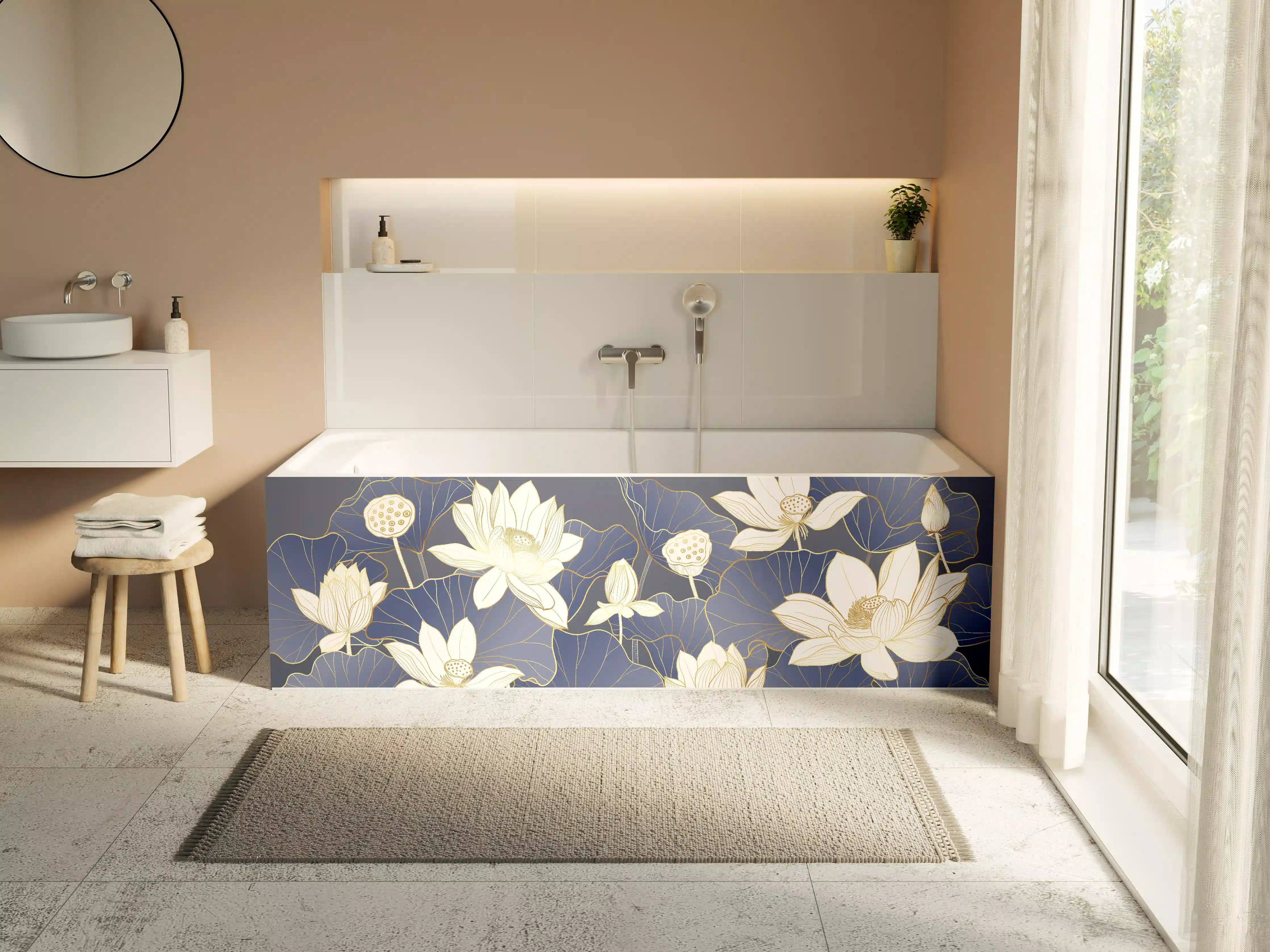 Badewannen-Rückwand - Graue Lotus auf schwarzem Grund