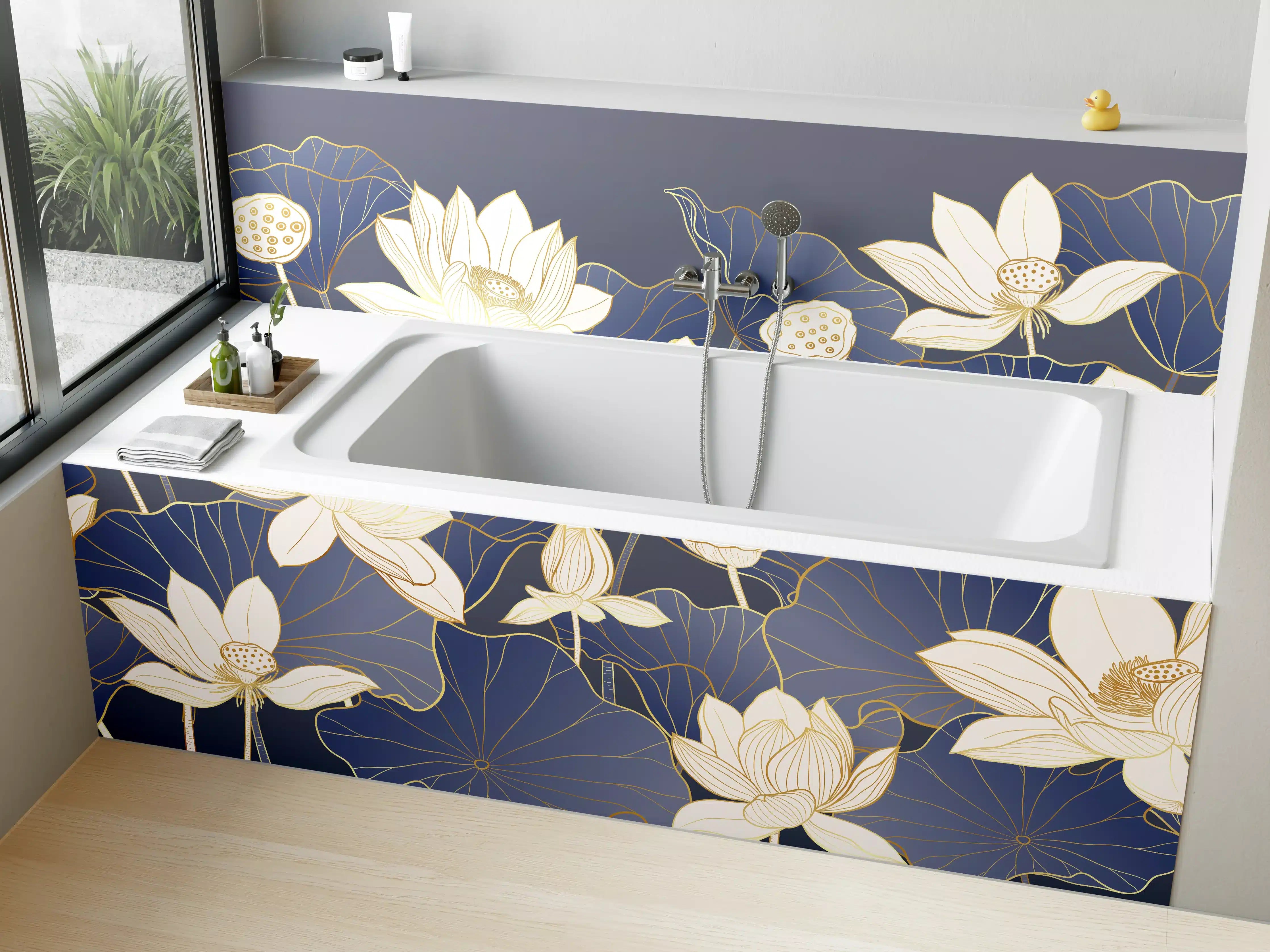 Badewannen-Rückwand - Graue Lotus auf schwarzem Grund