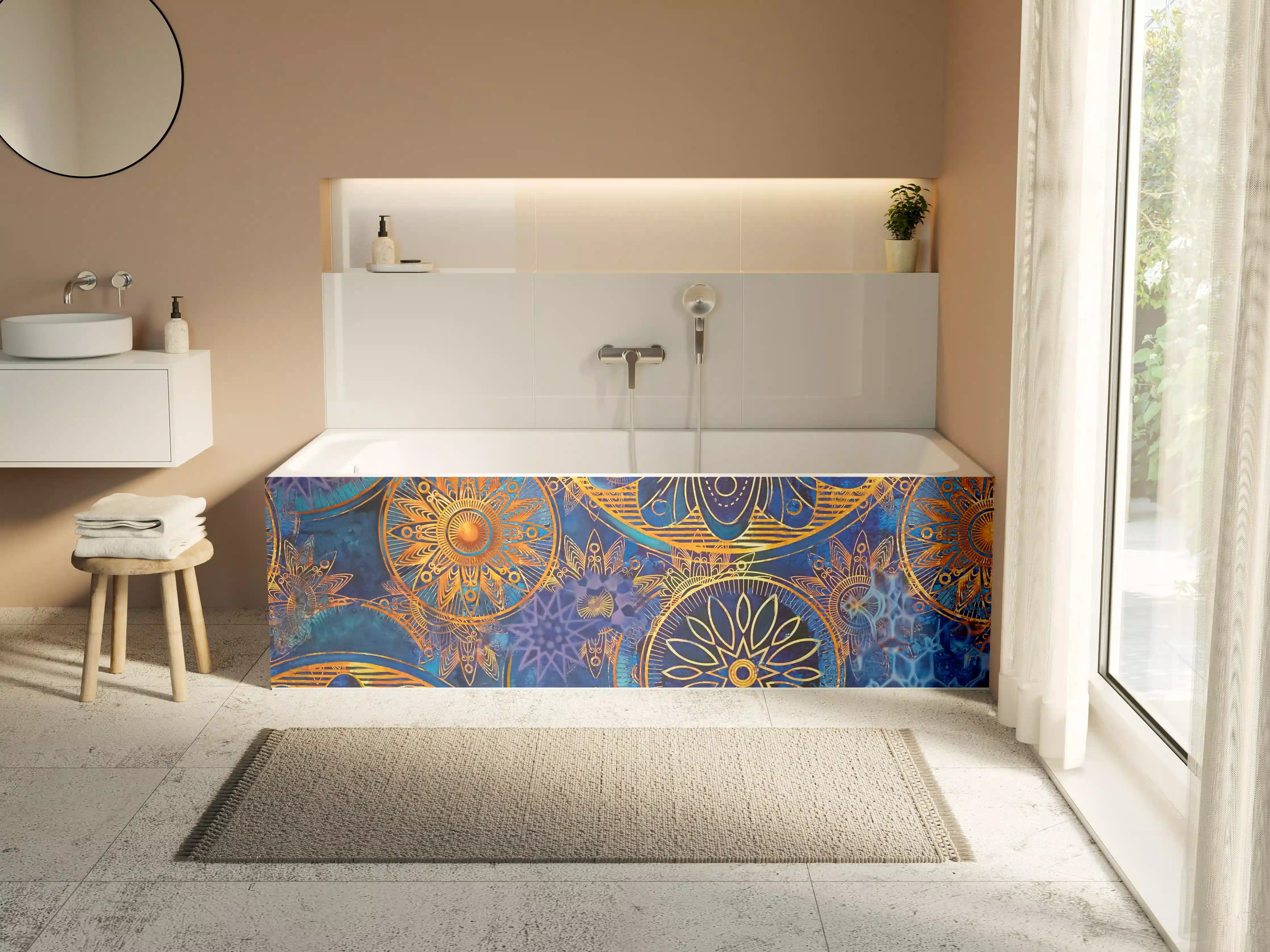 Badewannen-Rückwand - Graue Mandala-Kunst mit Golddetails