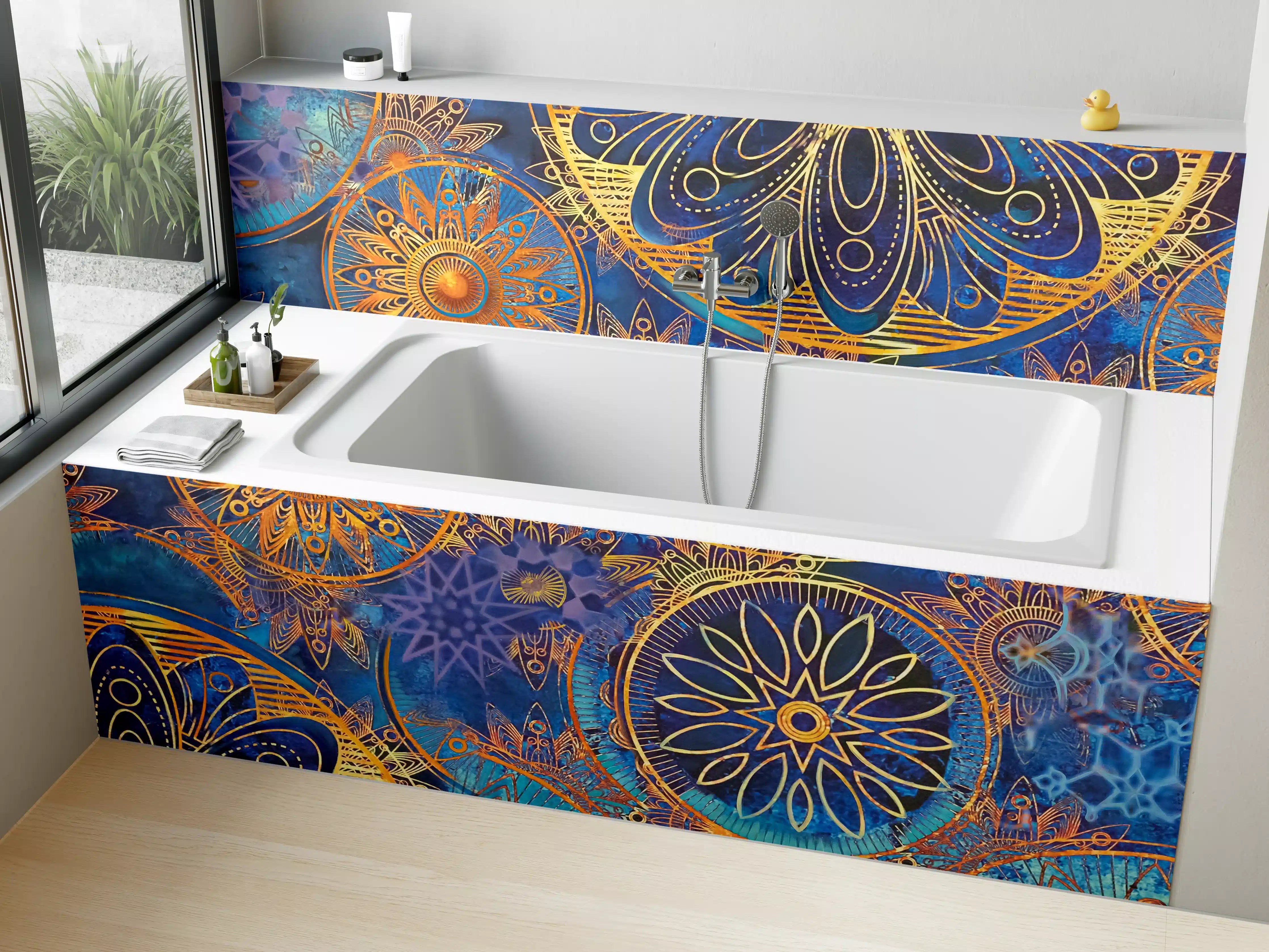 Badewannen-Rückwand - Graue Mandala-Kunst mit Golddetails