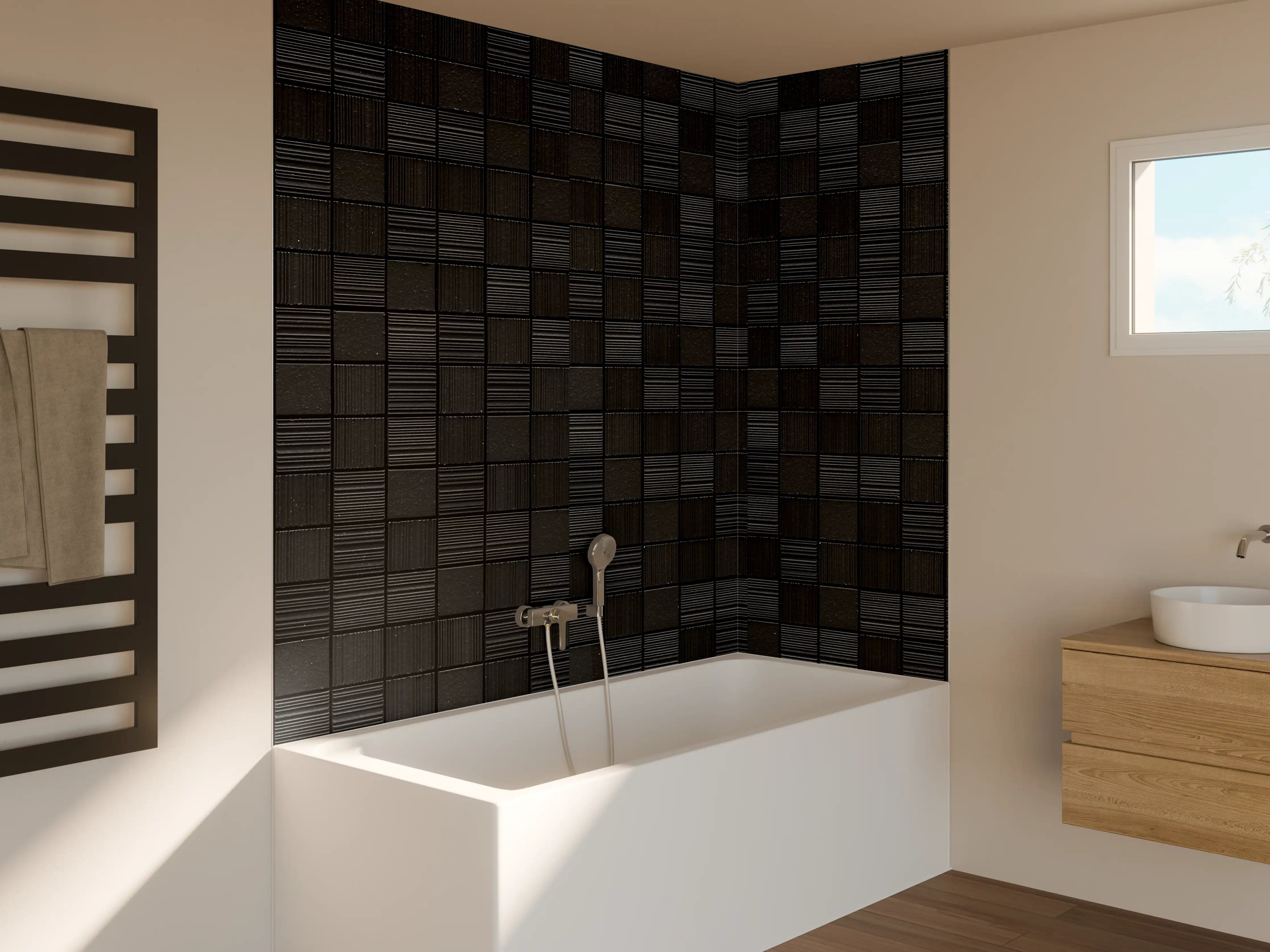 Badewannen-Rückwand - Graue Mosaikfliese mit weißen Akzenten