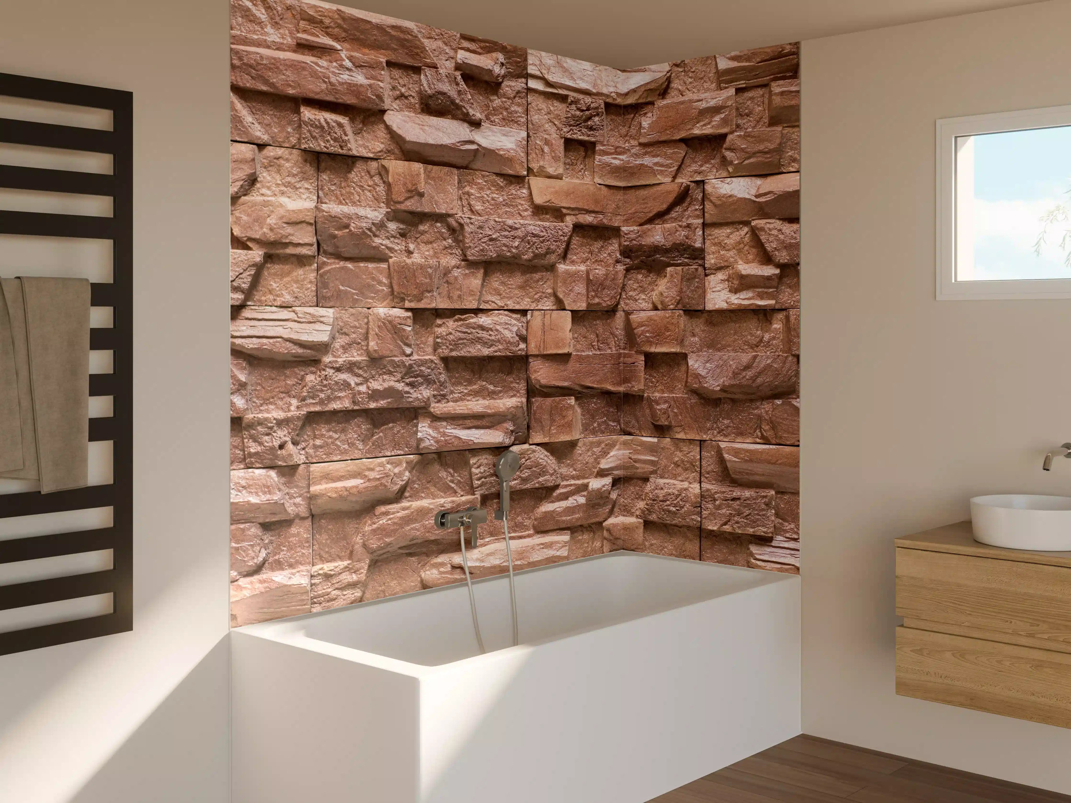 Badewannen-Rückwand - Graue Natursteinwand mit weißen Akzenten