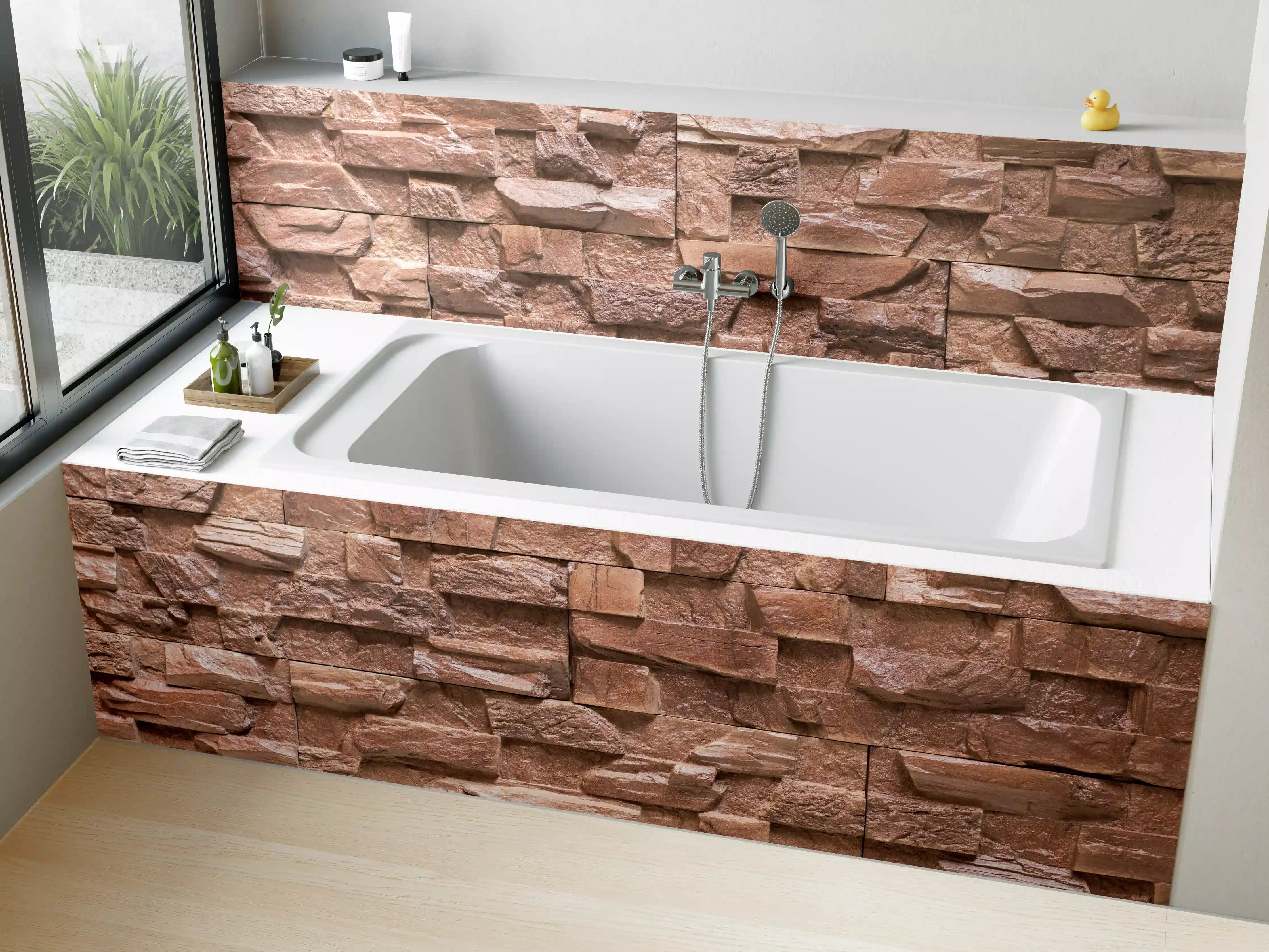 Badewannen-Rückwand - Graue Natursteinwand mit weißen Akzenten