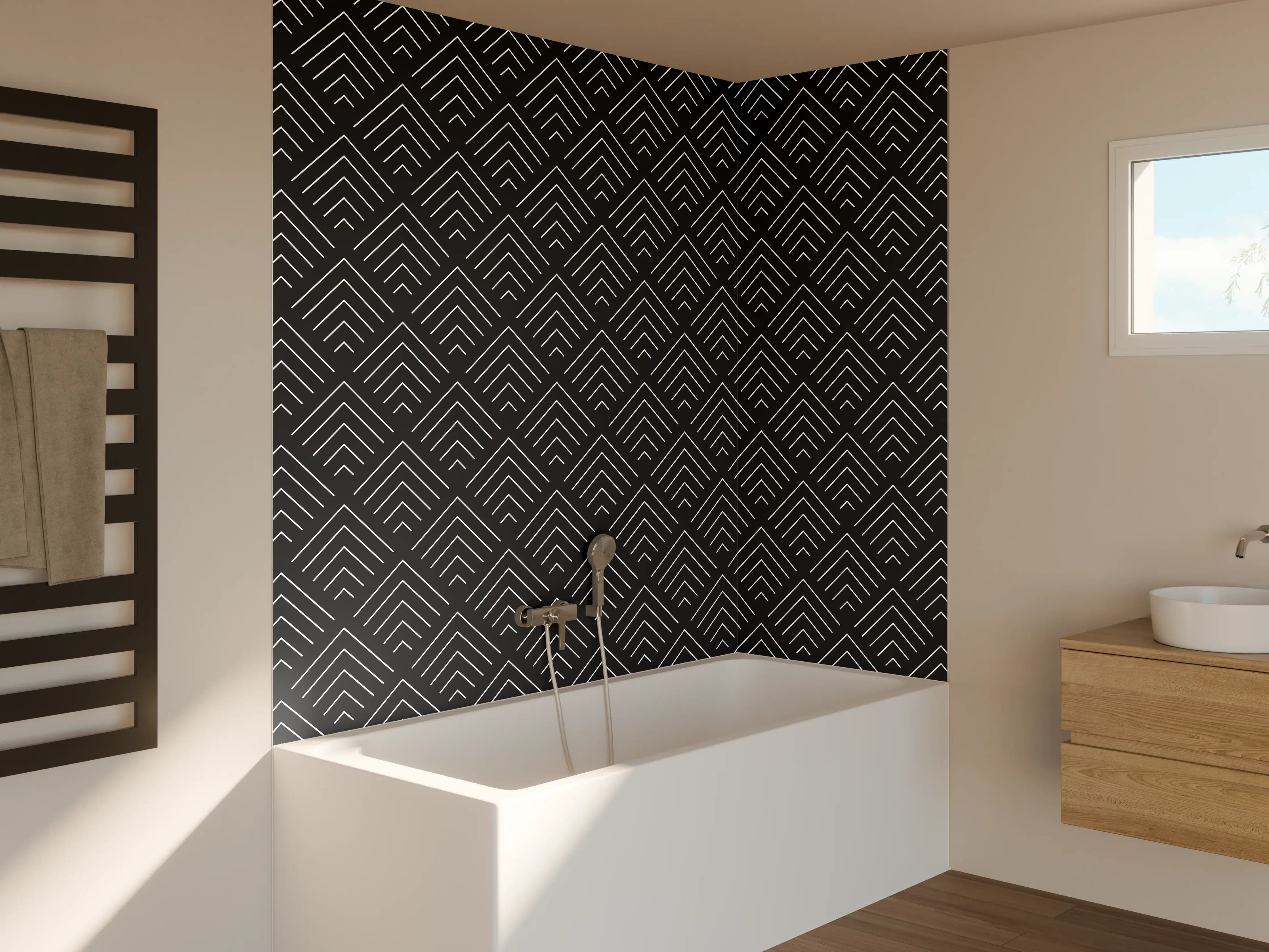 Badewannen-Rückwand - Graue Schatten: Geometrik in Schwarz-Weiß