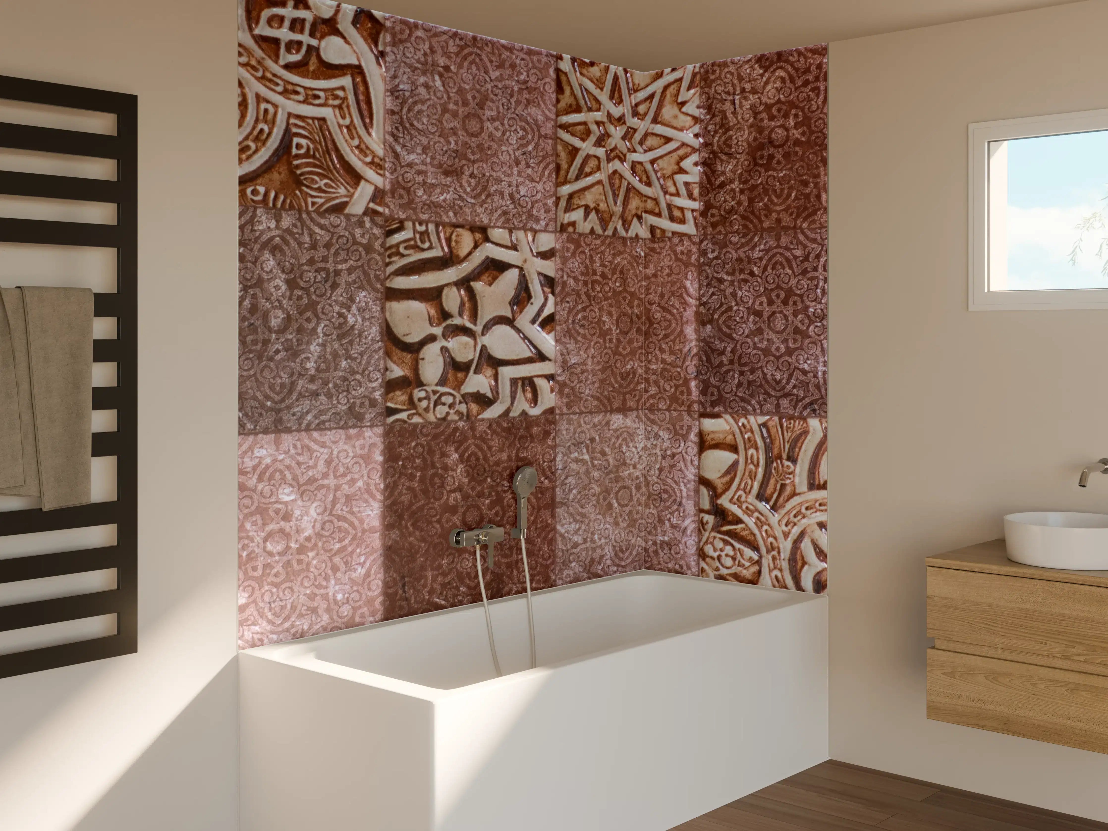 Badewannen-Rückwand - Graue Terrakotta-Fliesen mit Muster