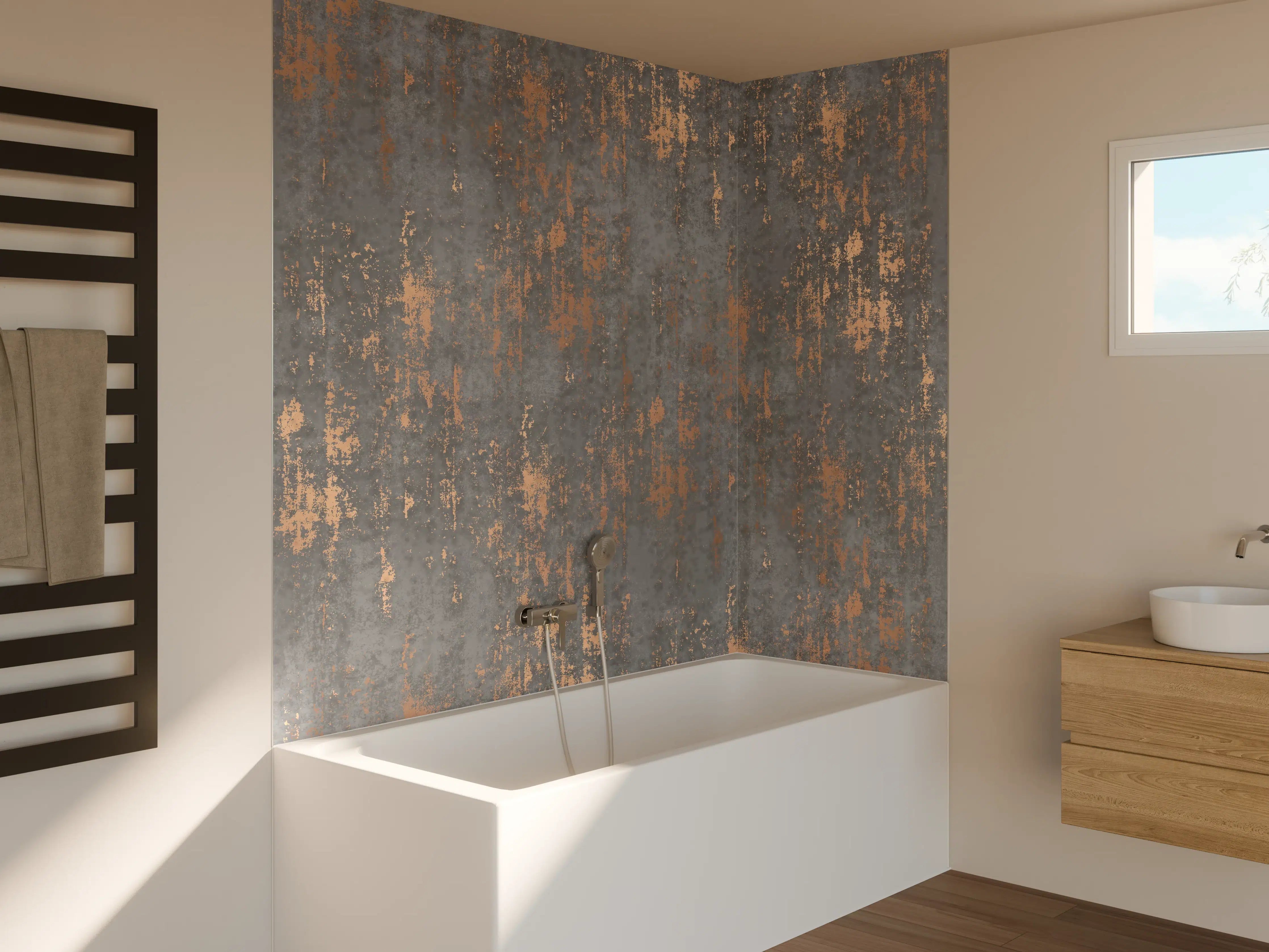 Badewannen-Rückwand - Graue Textur mit goldenen Akzenten