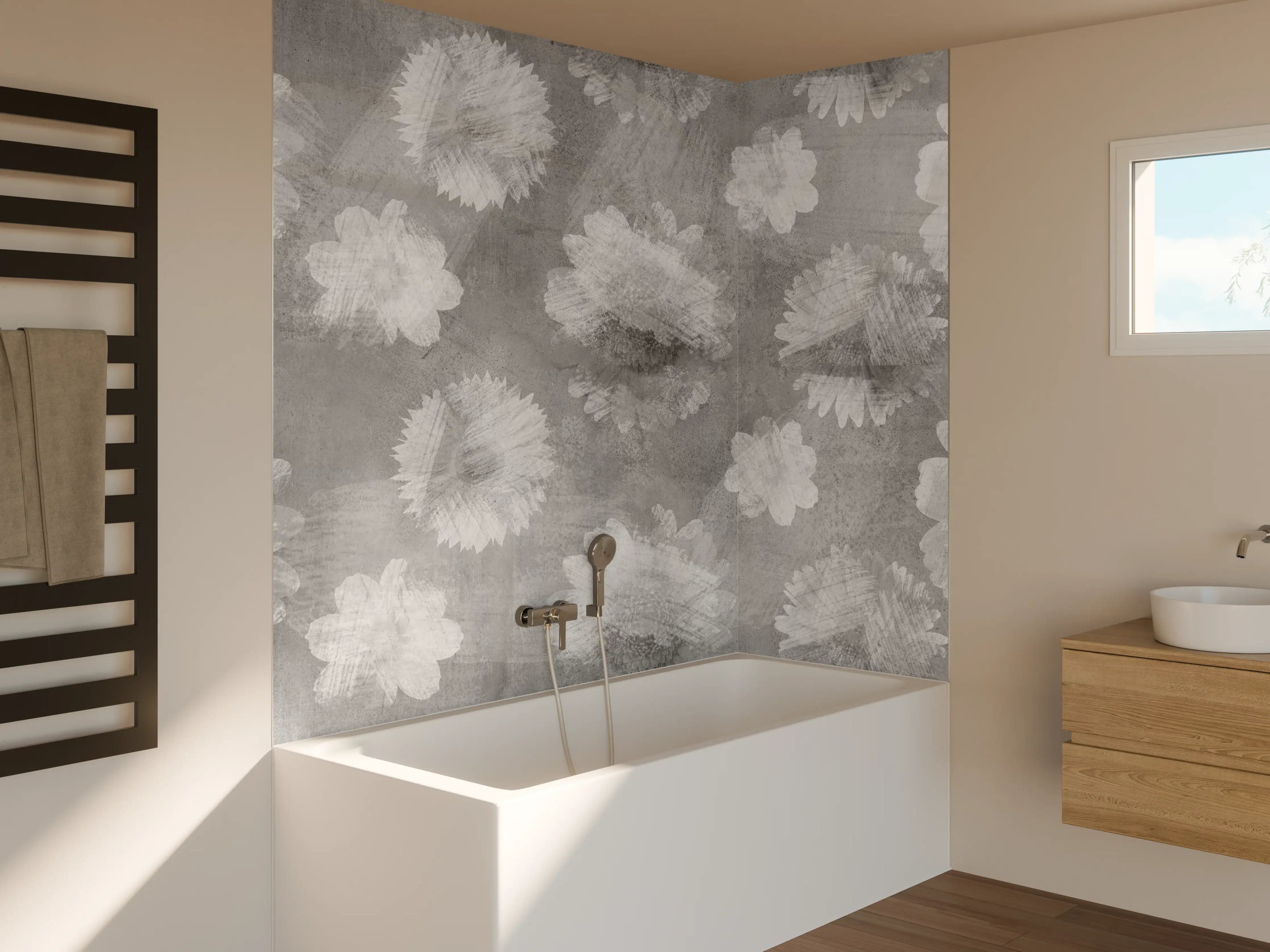 Badewannen-Rückwand - Graue Zement Wand mit weißem Blumenmuster