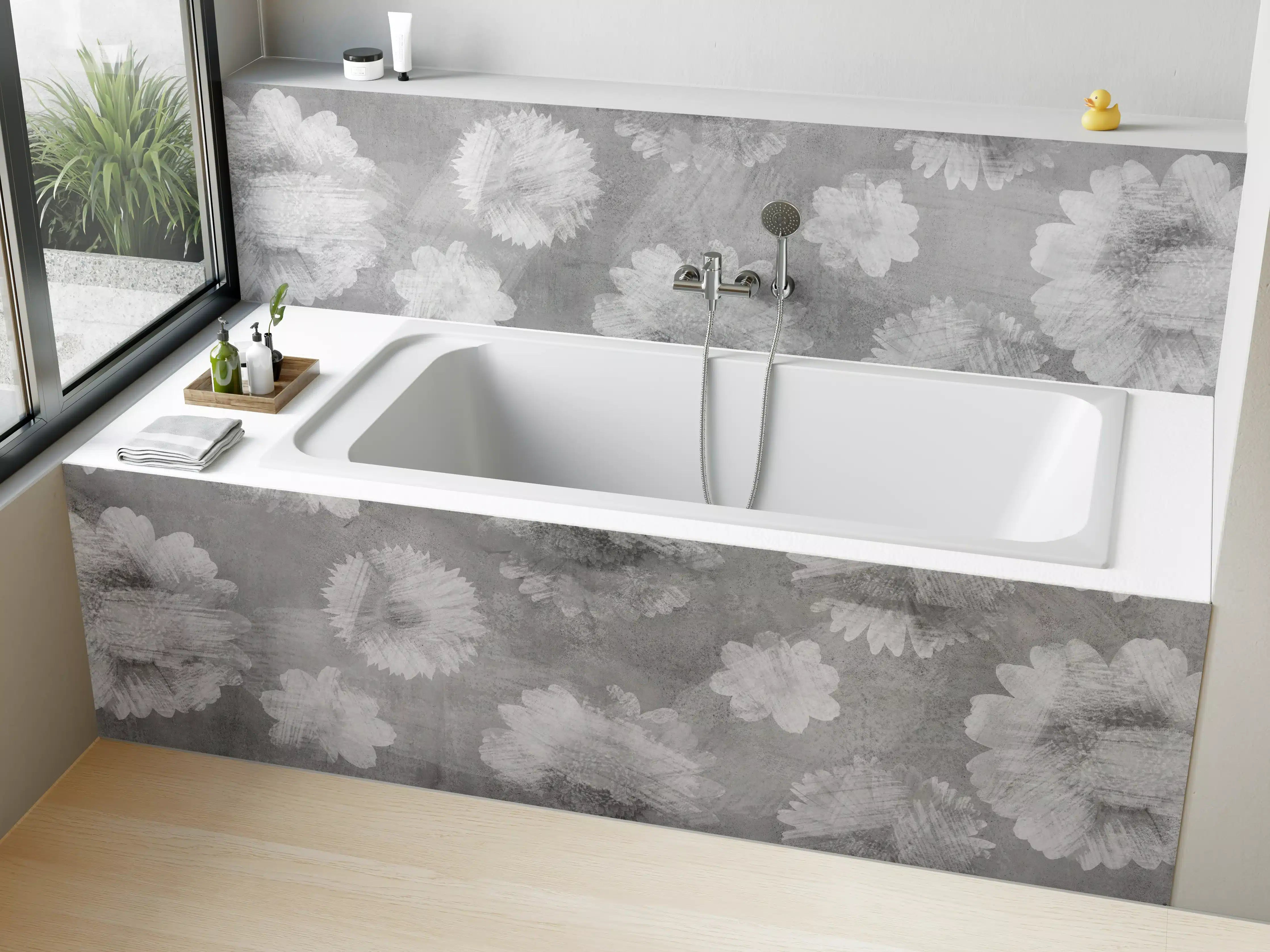 Badewannen-Rückwand - Graue Zement Wand mit weißem Blumenmuster