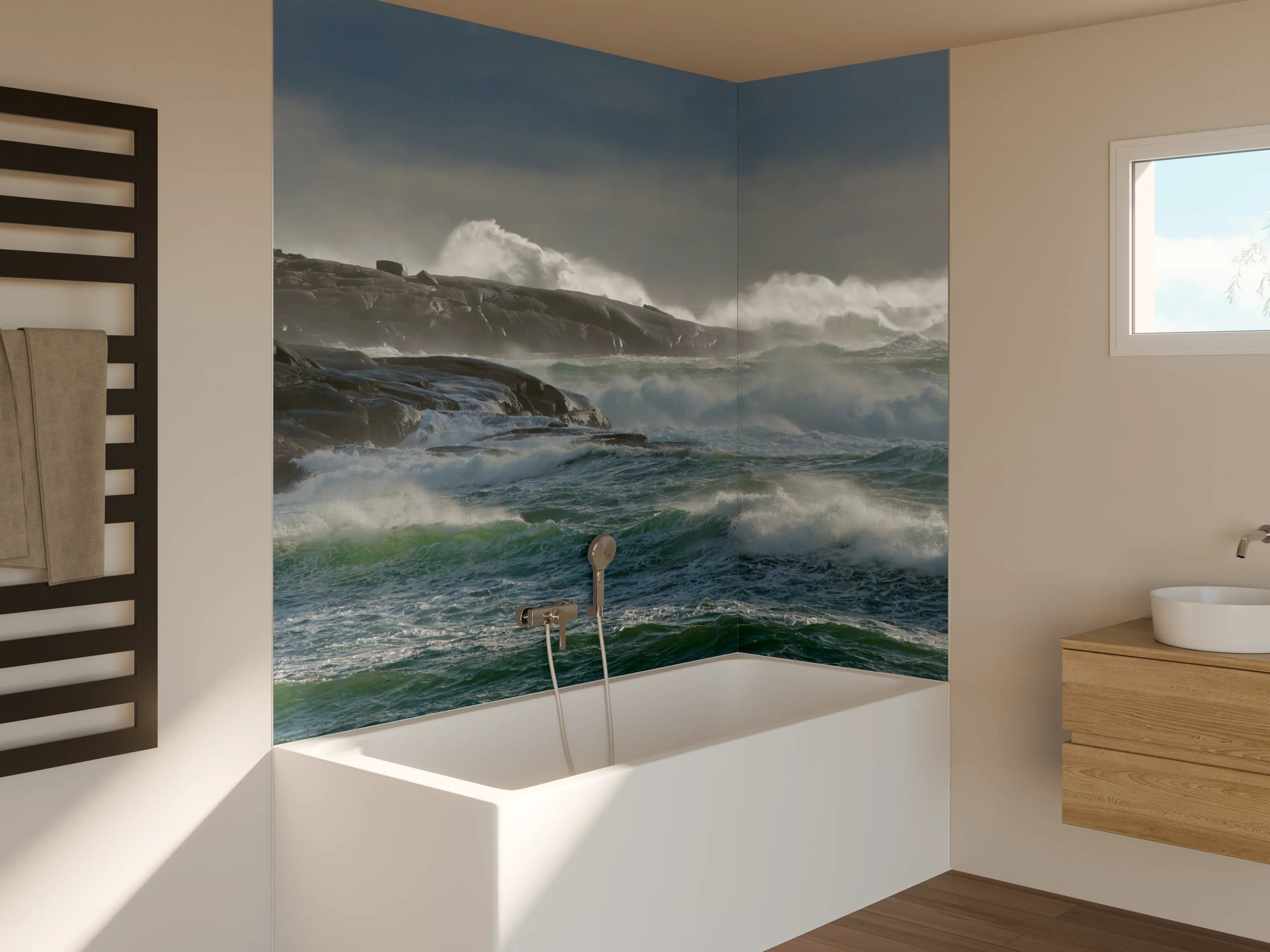 Badewannen-Rückwand - Grauer Leuchtturm im Sturm