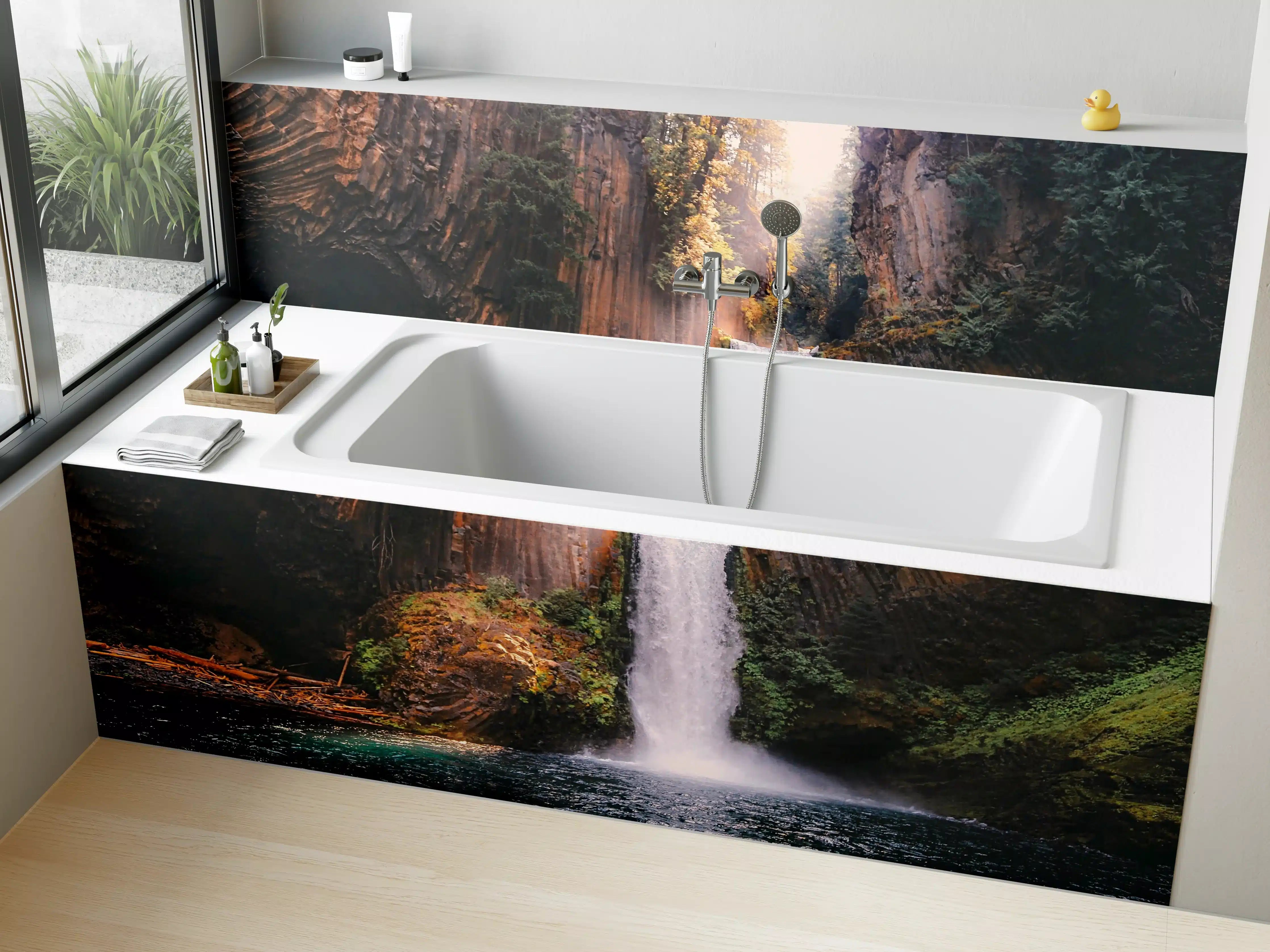Badewannen-Rückwand - Grauer Wasserfall im Naturschleier