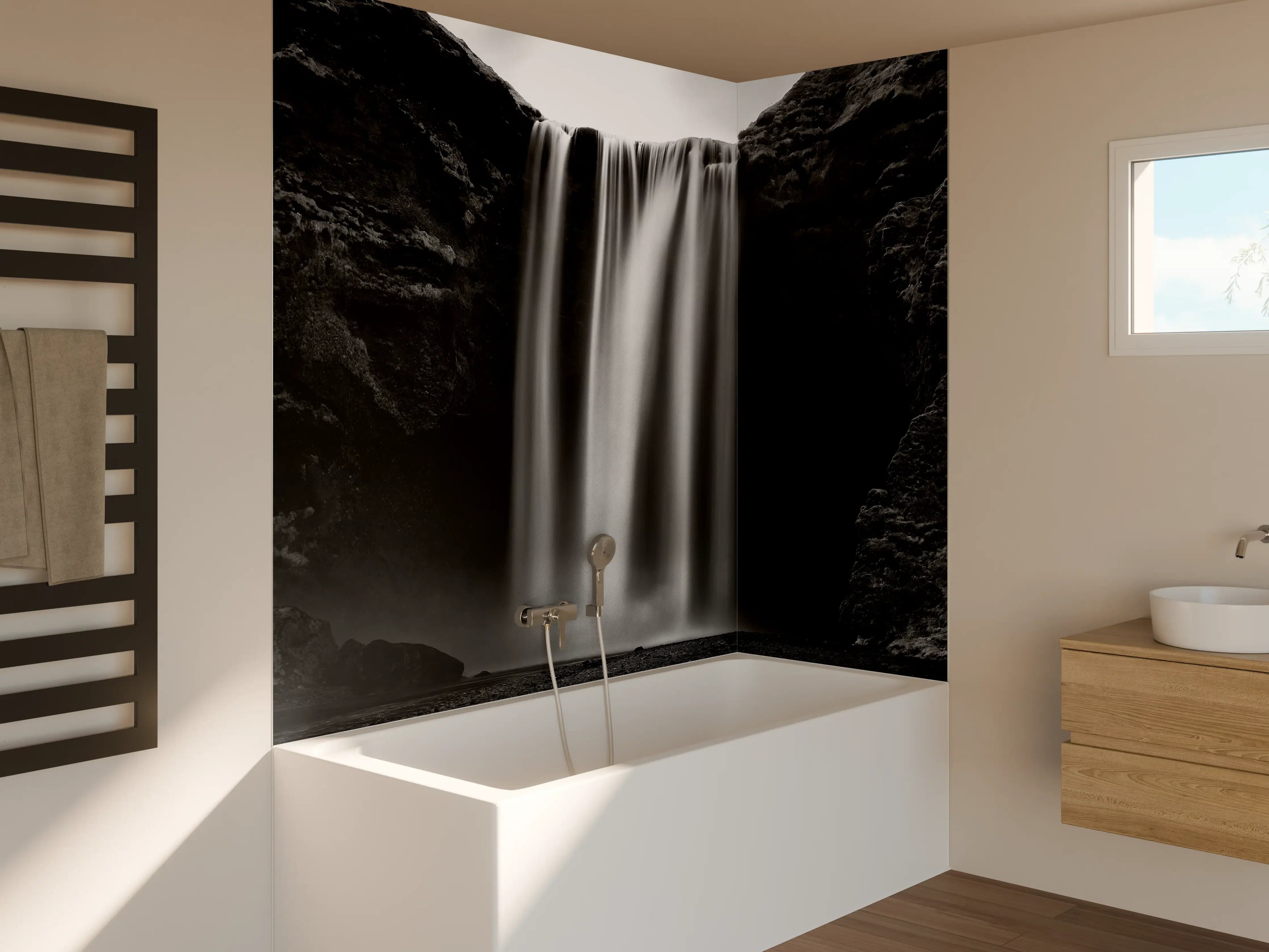 Badewannen-Rückwand - Grauer Wasserfall im Schwarzweiß-Design
