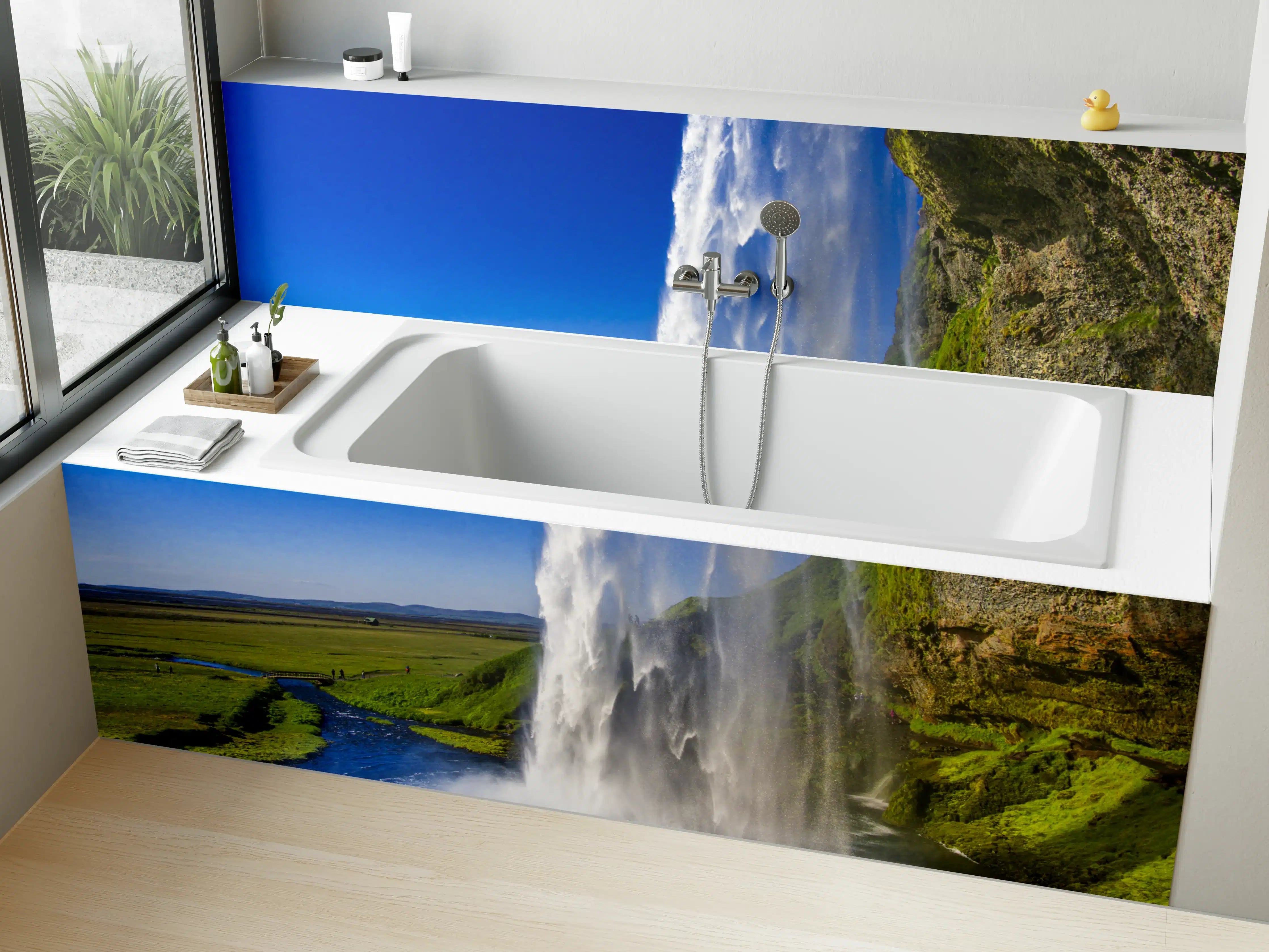 Badewannen-Rückwand - Grauer Wasserfall vor Grün