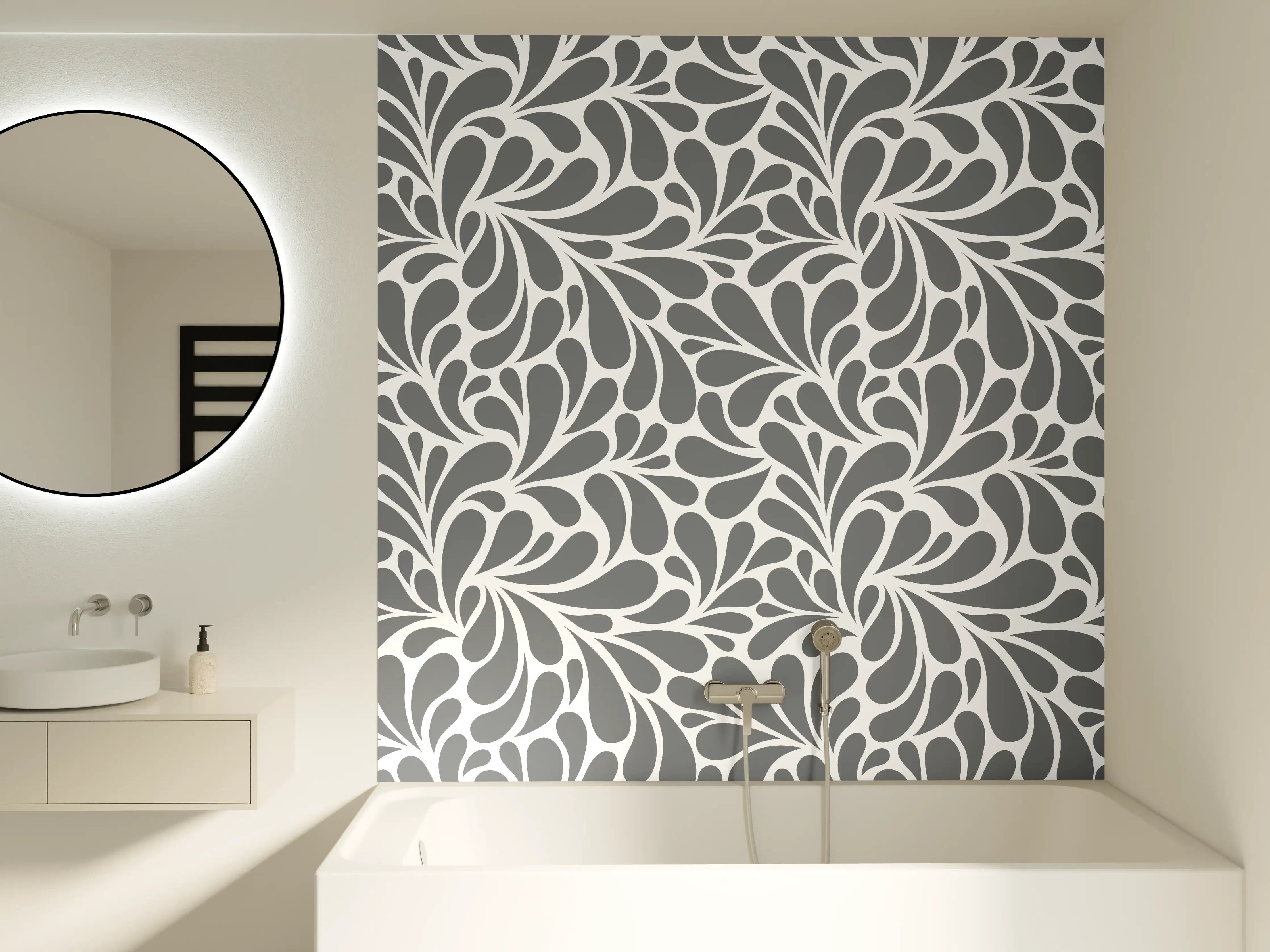 Badewannen-Rückwand - Graues und Weißes Blumenmuster mit leafy Design