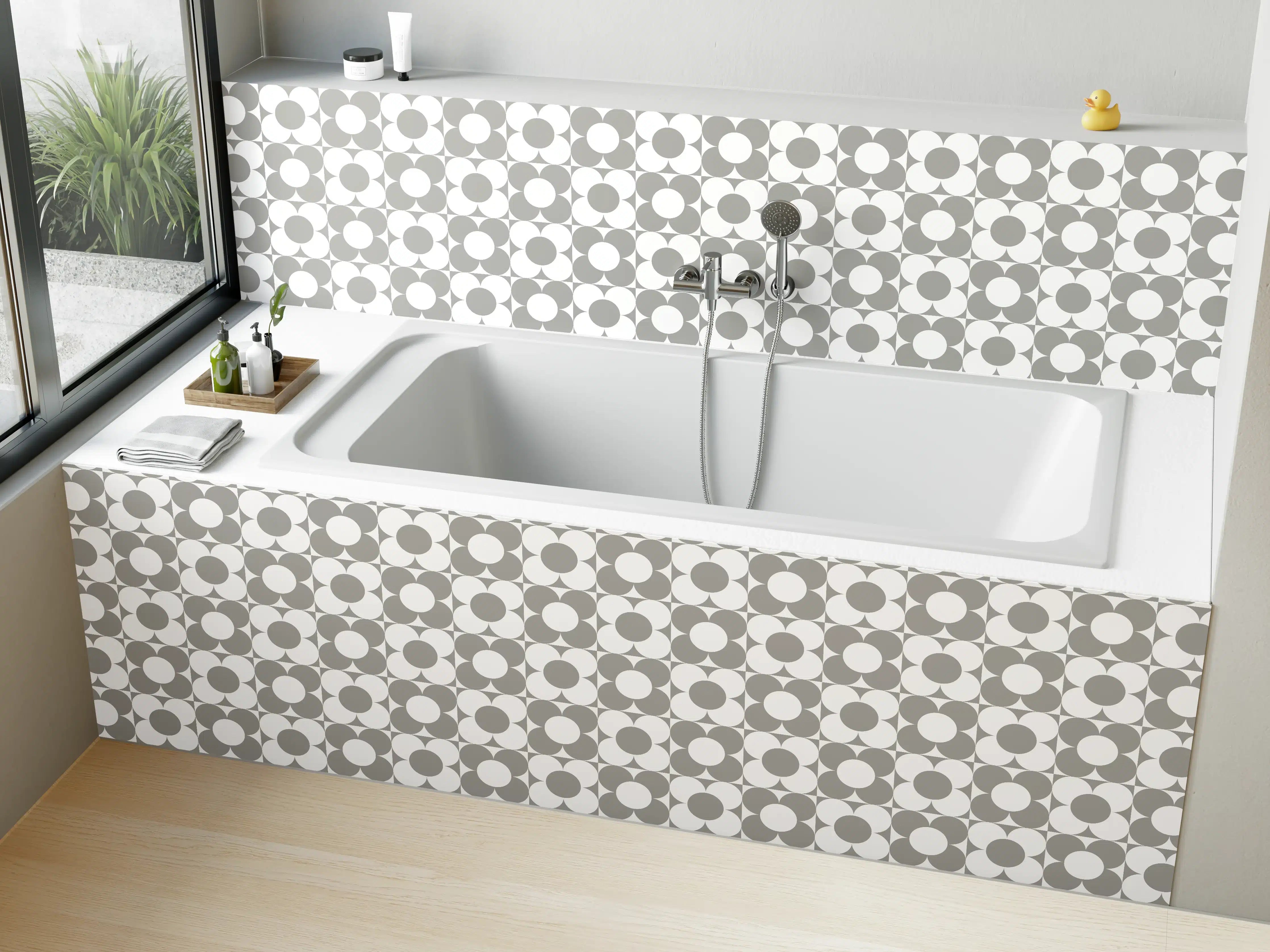 Badewannen-Rückwand - Graustufiges geometrisches Muster mit Kreisen und Quadraten
